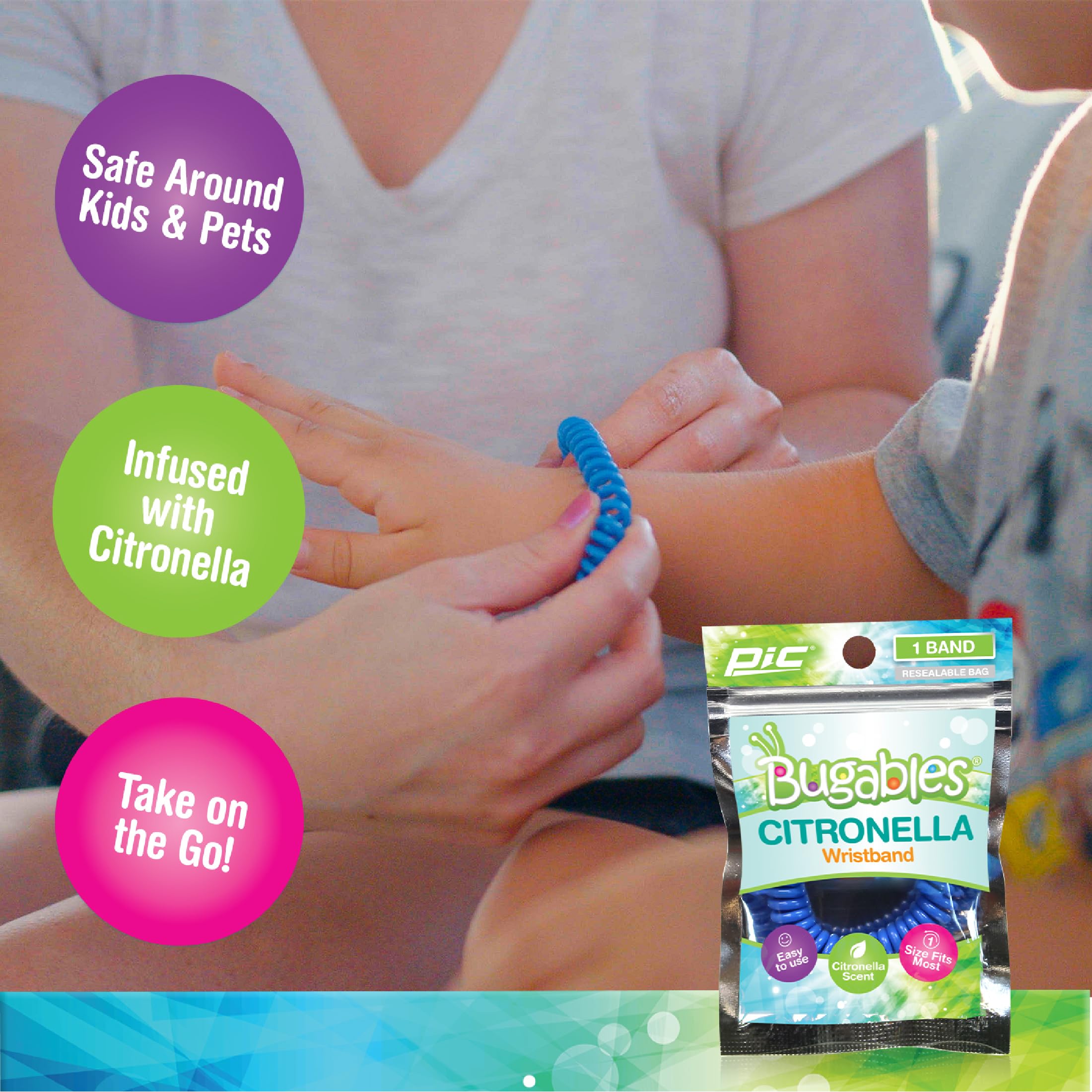 Pulsera PIC Citronella ideal para viajes y caminatas al aire libre.