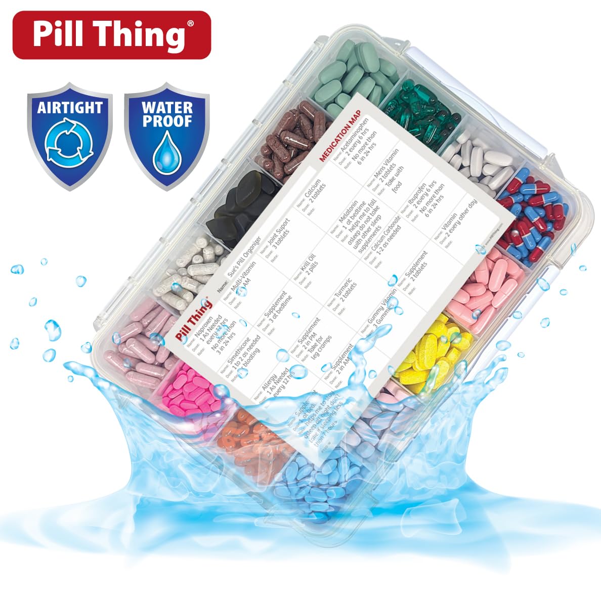 Pill Thing caja de pastillas con 20 compartimentos a prueba de humedad.