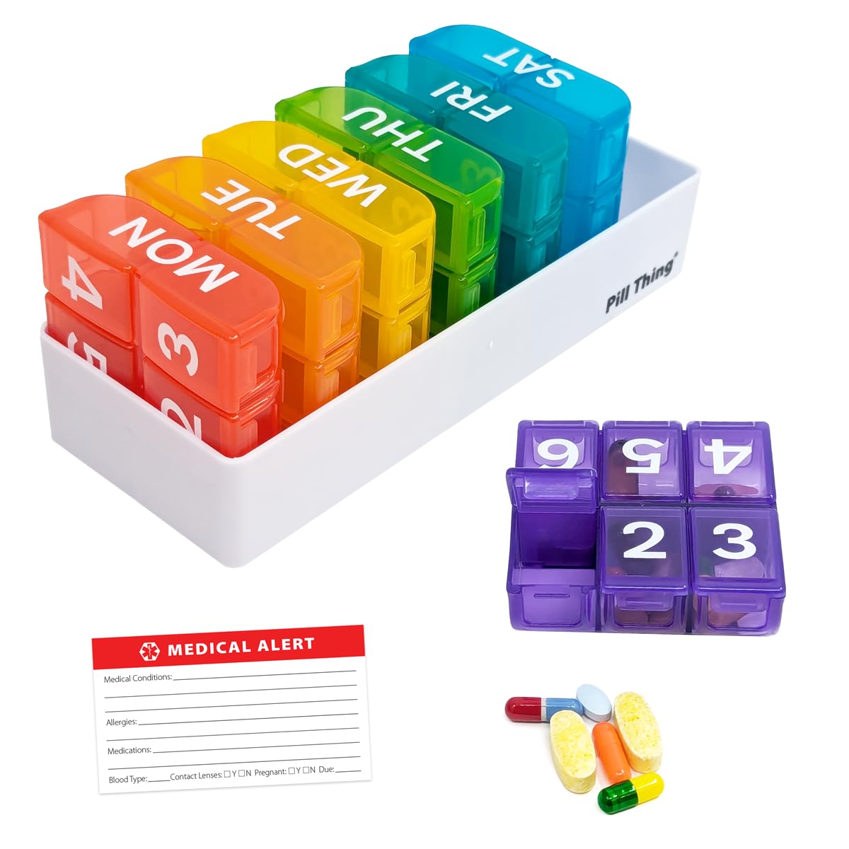 PILL THING Organizador semanal de 6 dosis, ideal para planificación diaria de píldoras.