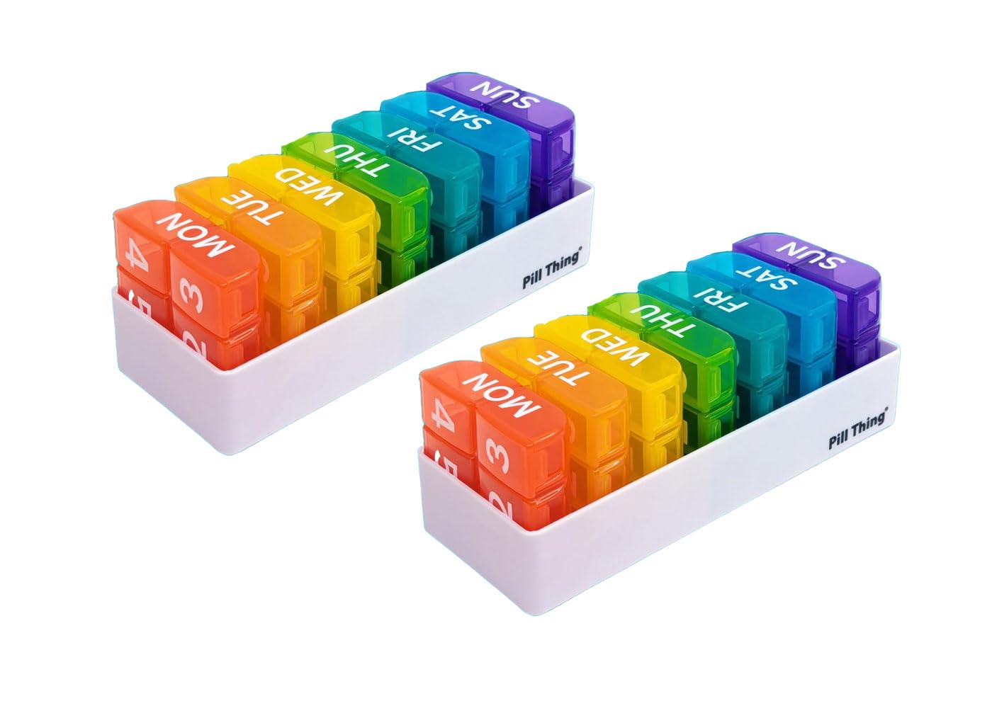 PILL THING: organizador semanal de pastillas, 6 tomas diarias, colores vivos.