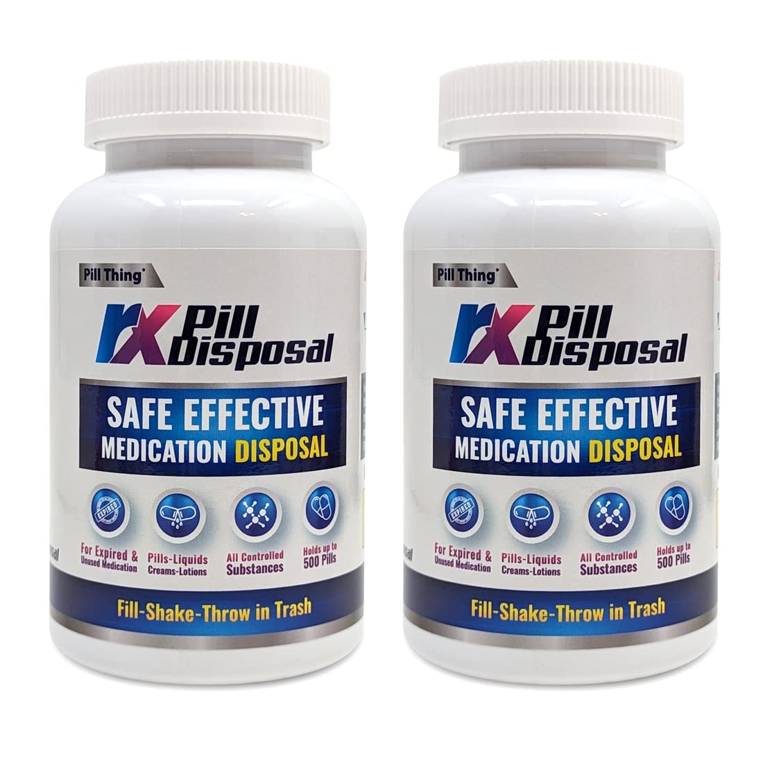 PILL THING RX Pill Disposal muestra la botella de 500cc para desechar medicamentos con seguridad.
