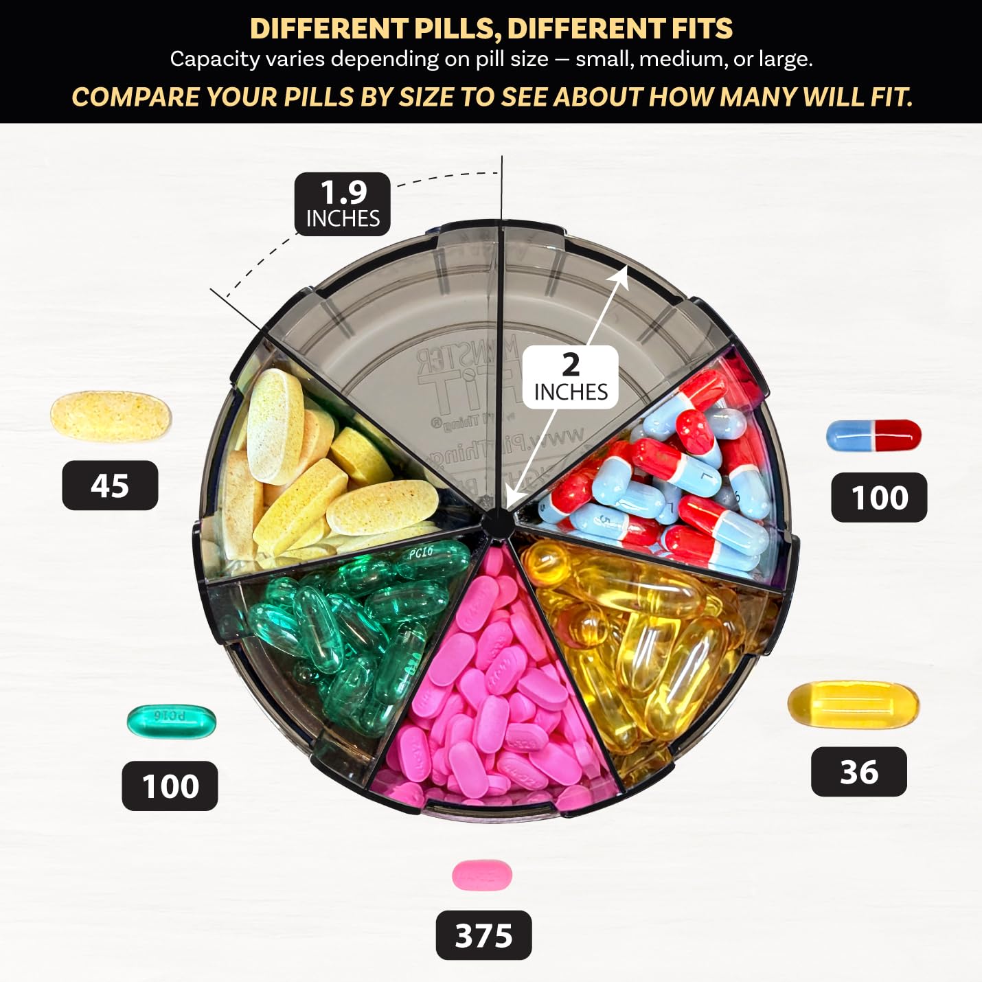PILL THING XL diseño de viaje compacto para protección de pastillas durante transporte.