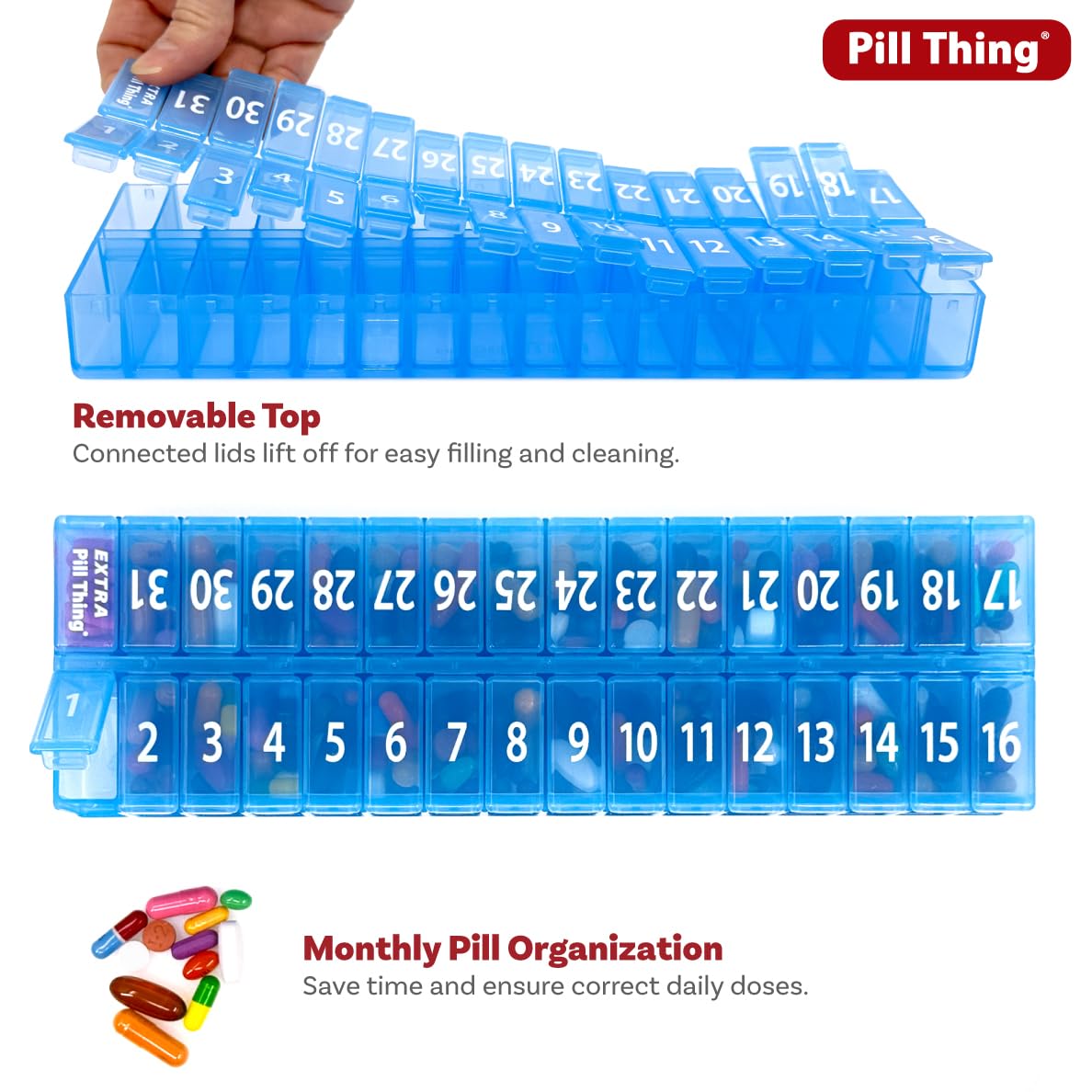 PILL THING XL tapa removible para rellenos y limpieza más fácil