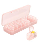 Pillex: organizador semanal de pastillas rosa con aberturas grandes para rellenar fácilmente.