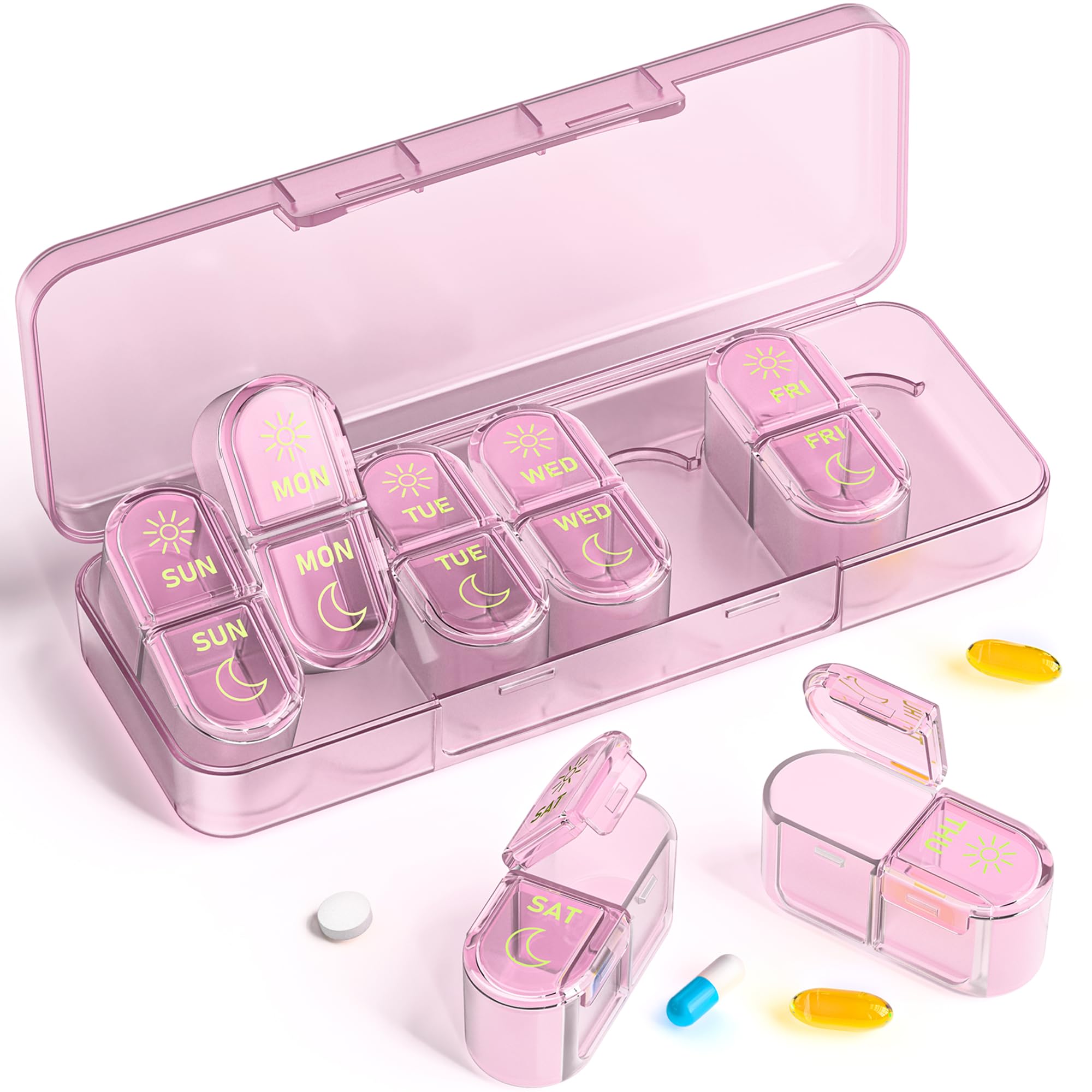 Pillex organizador AM PM 7 días con apertura total para ordenar pastillas.