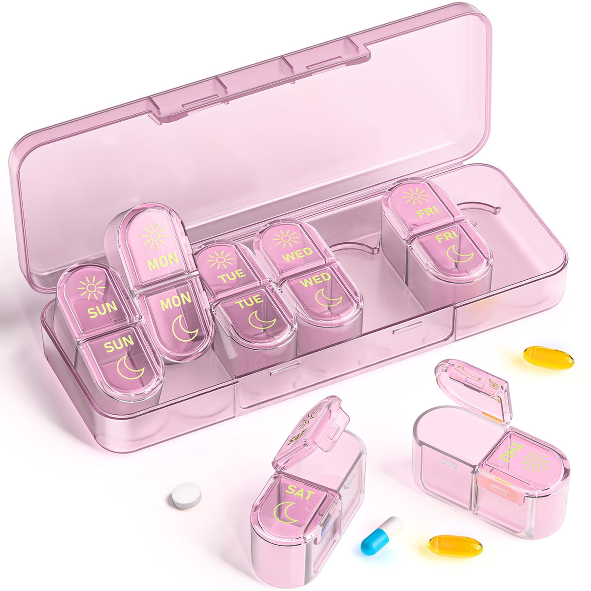 Pillex organizador AM PM 7 días con apertura total para ordenar pastillas.