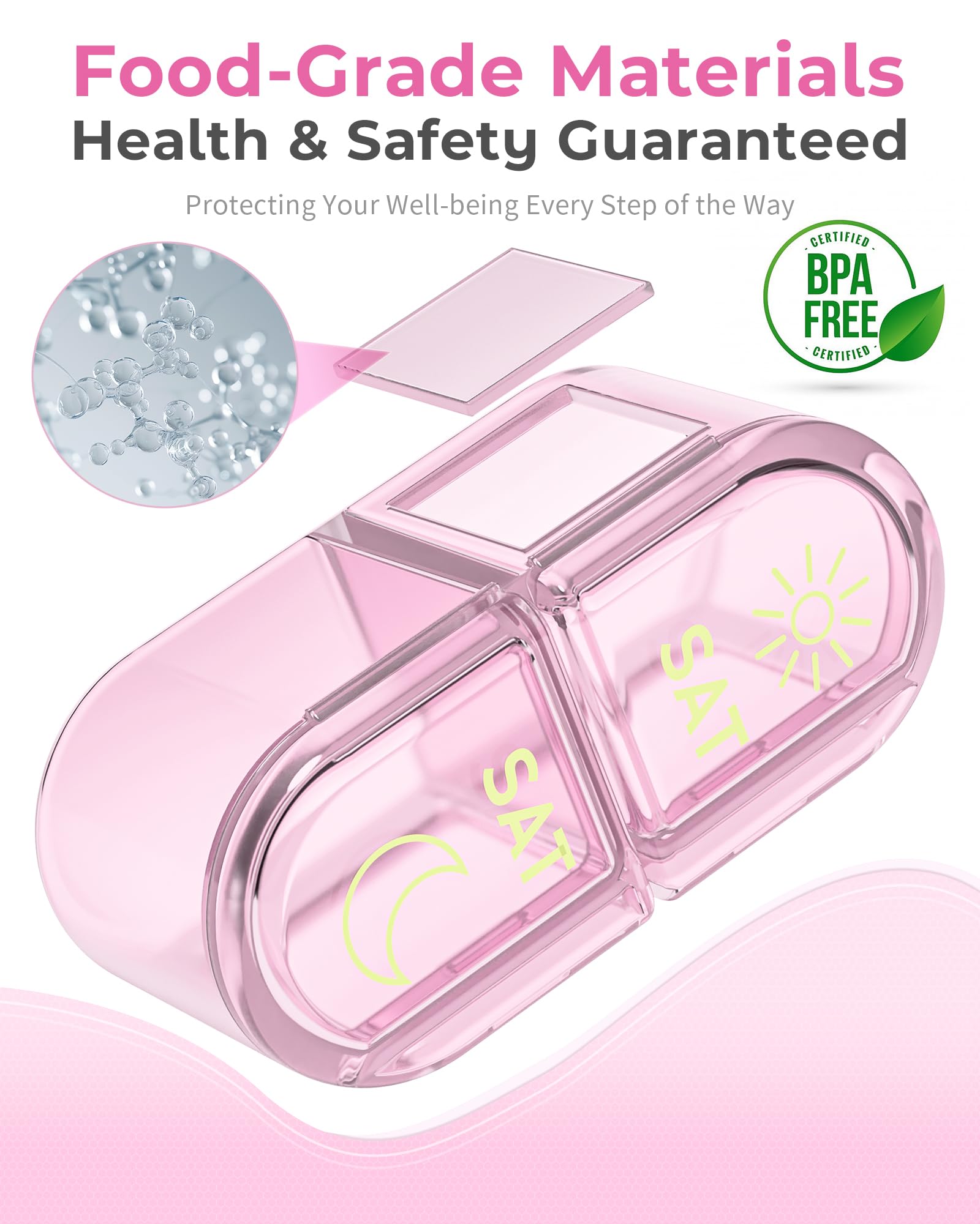 Pillex libre de BPA y material apto para alimentos, seguridad diaria.