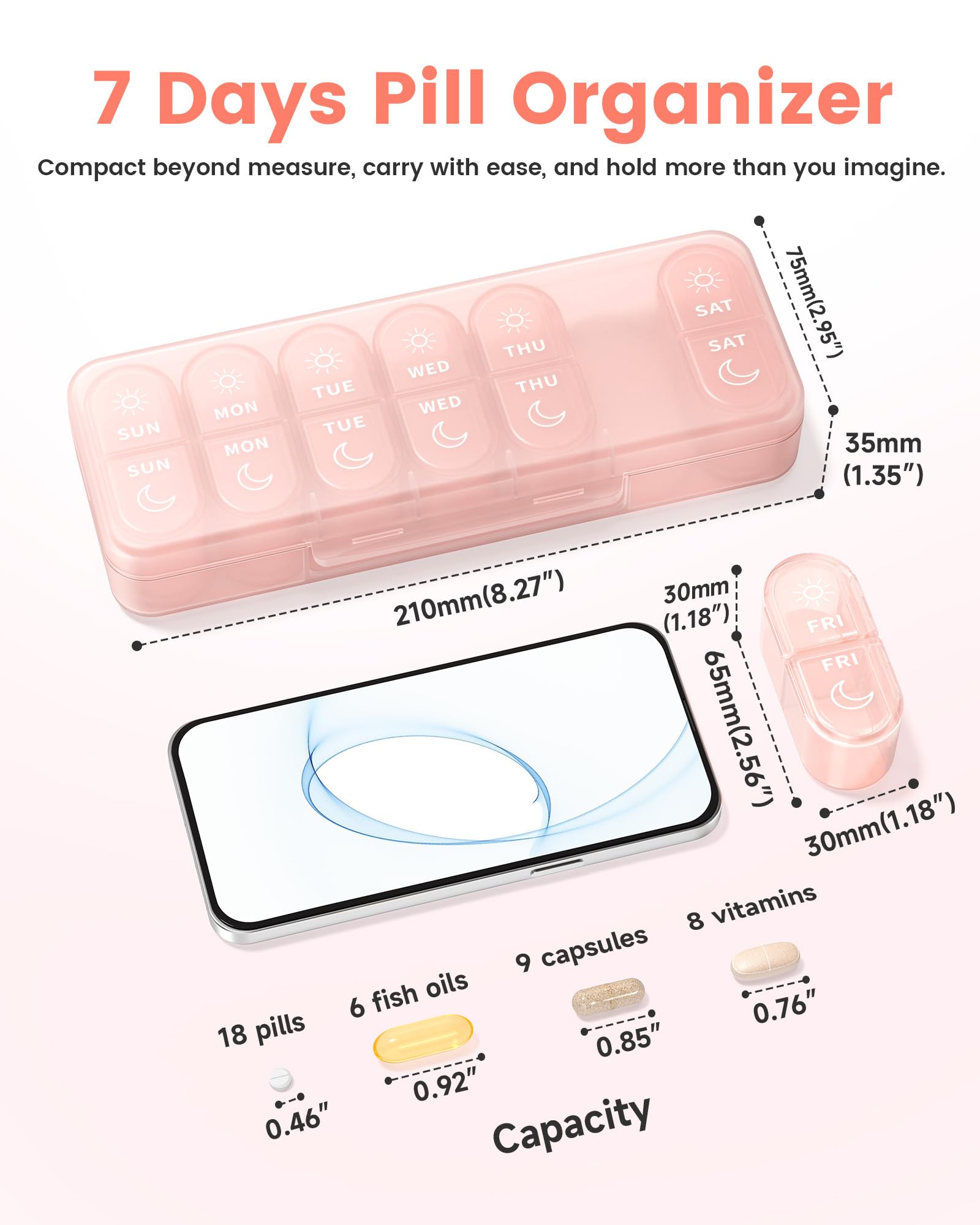 Pillex: pastillas AM/PM rosa, portátil para viajes.