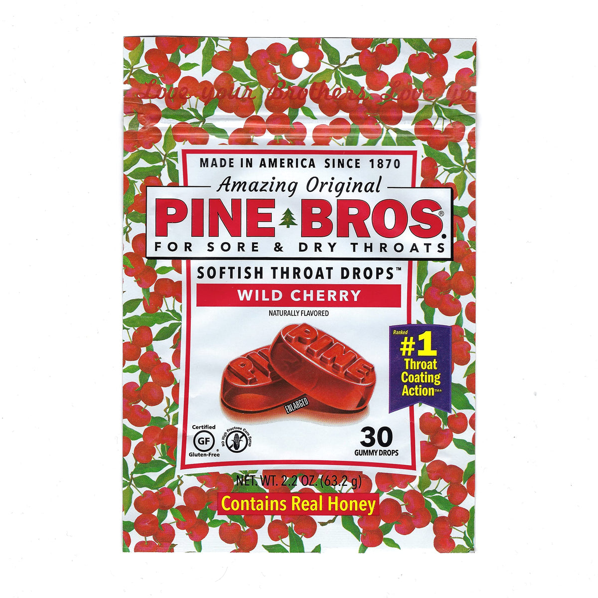 Pine Bros. gomitas para dolor de garganta en envase, alivio suave.