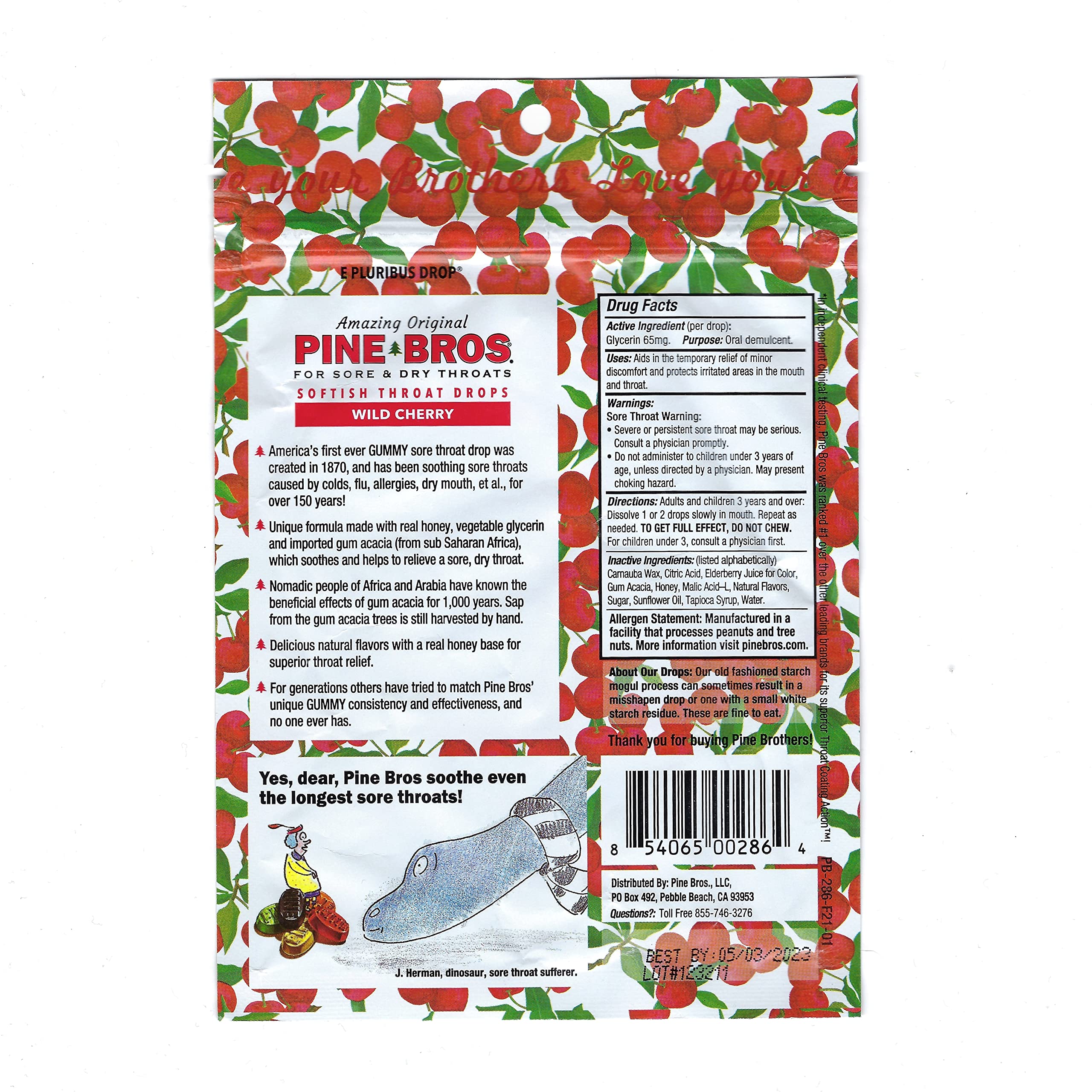 Pine Bros. gomitas sabor cereza salvaje para tos ocasional.