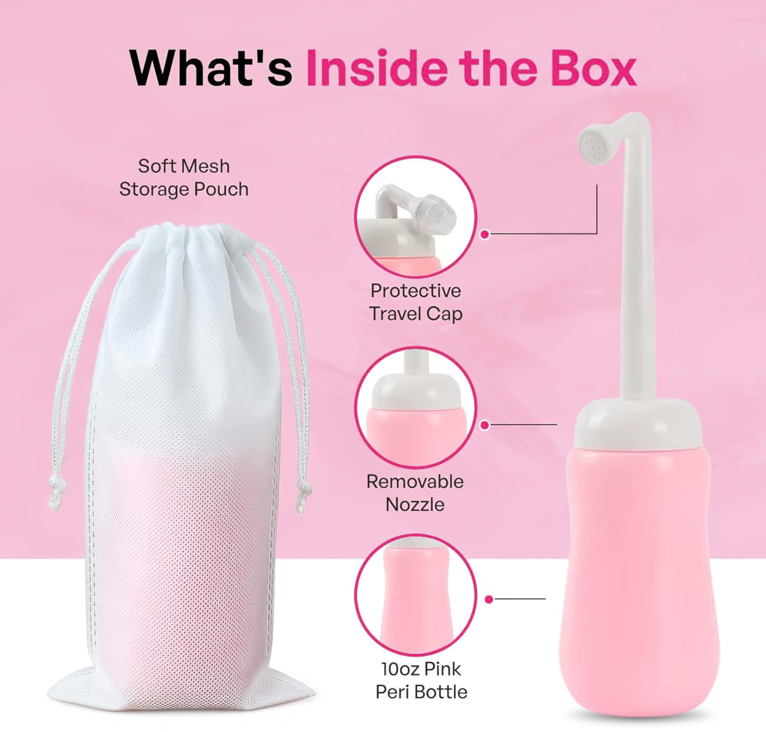 Pink Alley bidet portátil para mujer, boquilla inclinada de cerca, diseño ergonómico.