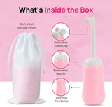 Pink Alley bidet portátil para mujer, boquilla inclinada de cerca, diseño ergonómico.