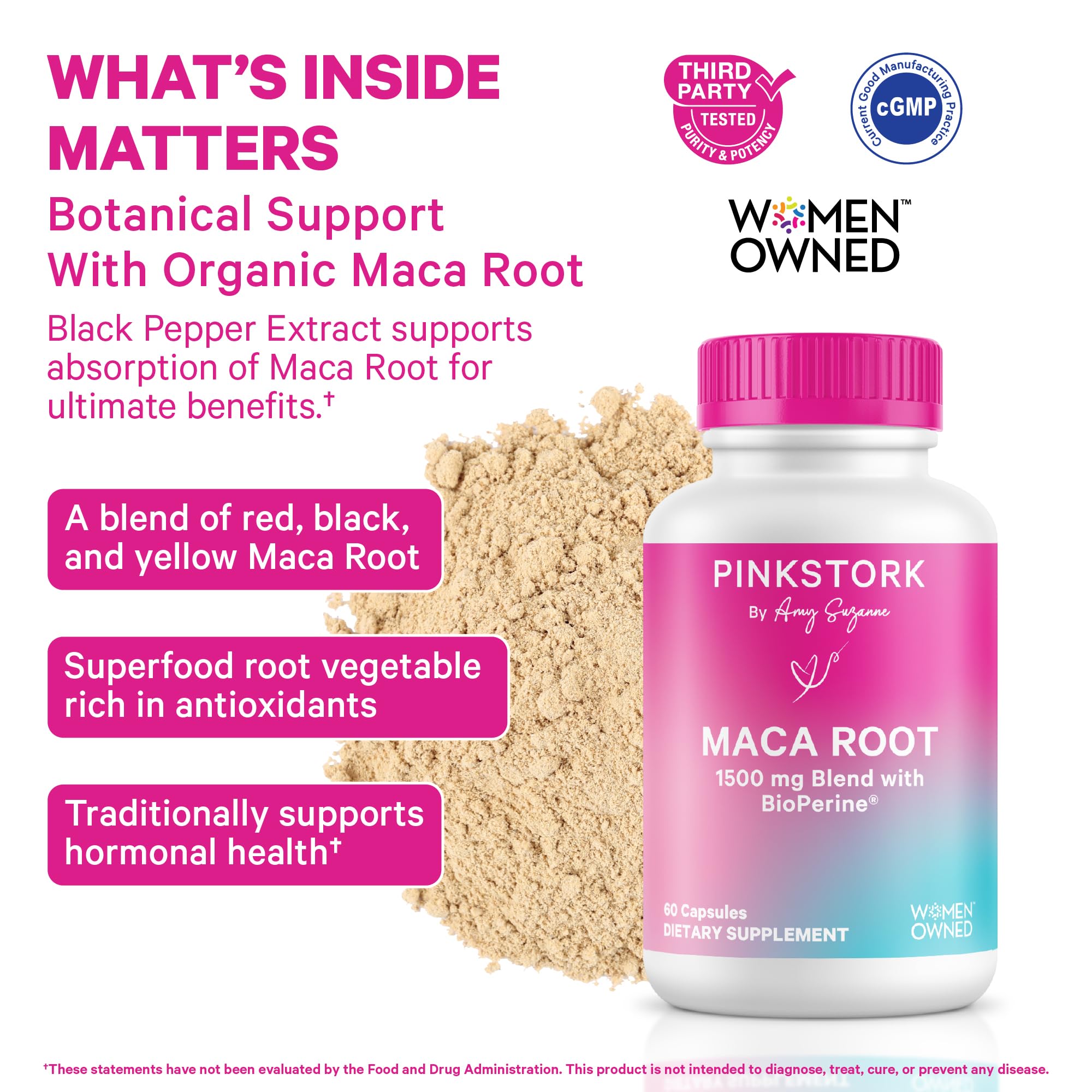 Pink Stork Maca Root Cápsulas: mezcla de maca roja, negra y amarilla