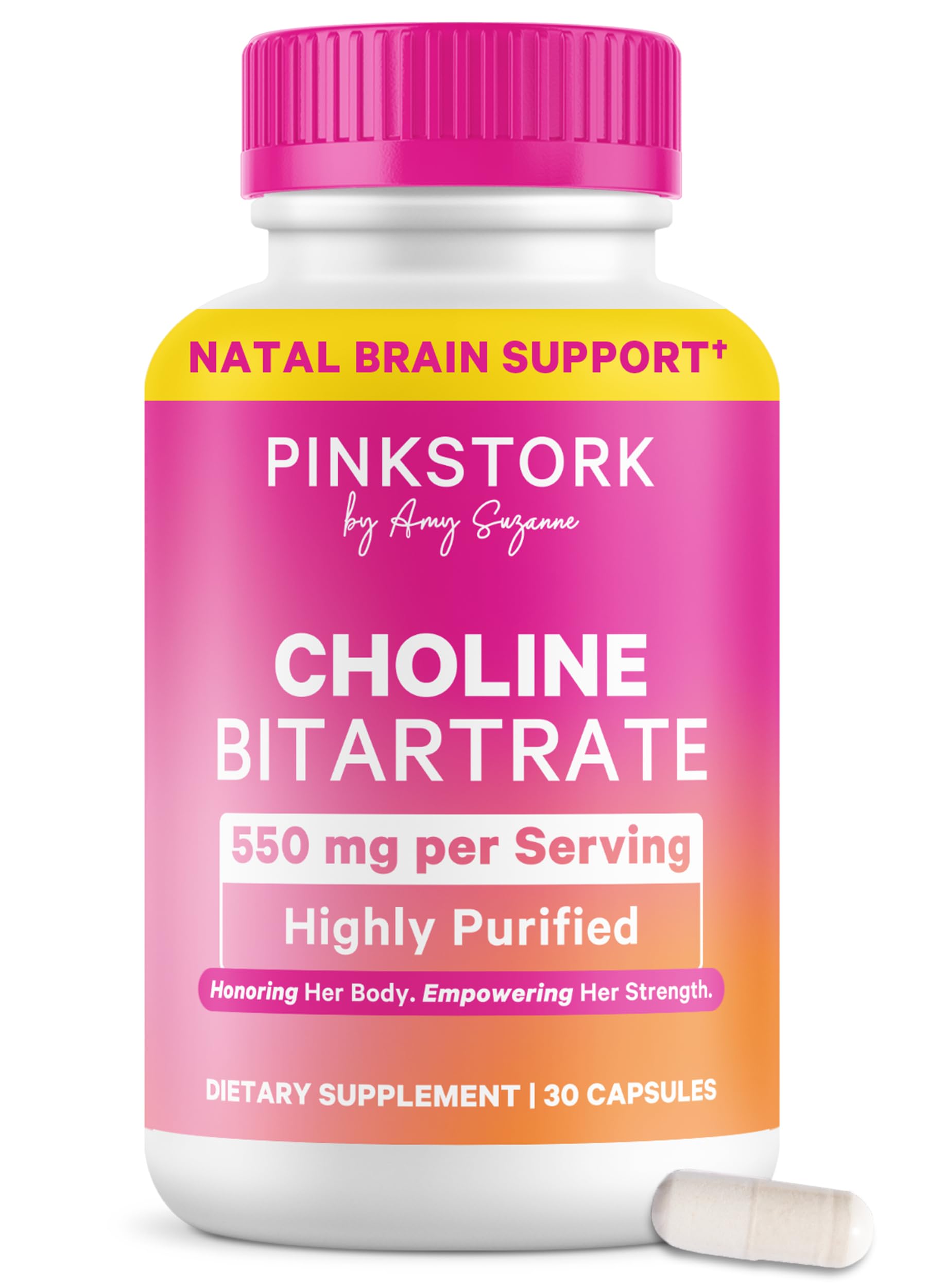 Pink Stork Choline 550 mg en botella para nutrición prenatal diaria.