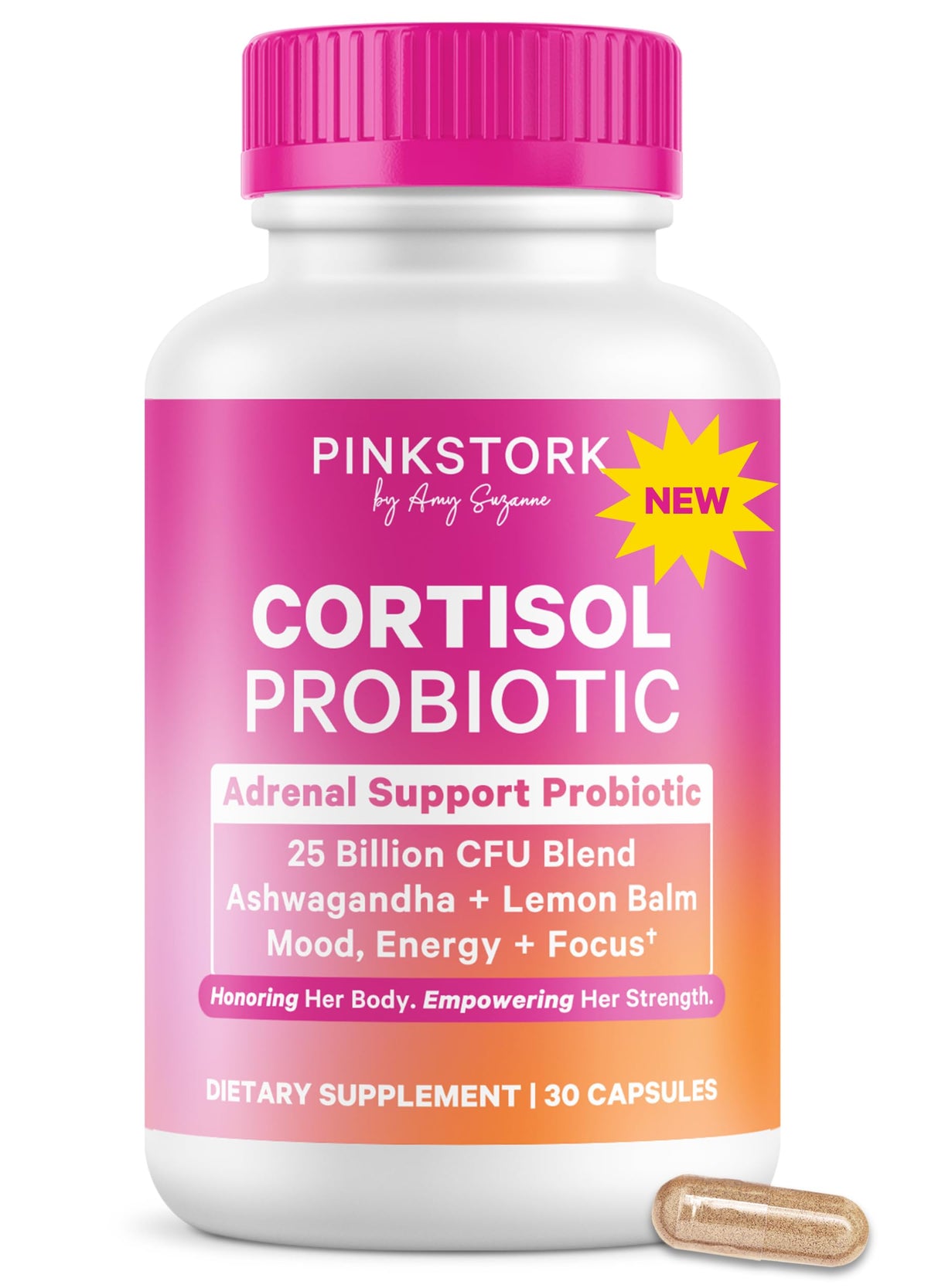 Botella de Pink Stork Cortisol Probiotic para mujeres, promueve equilibrio emocional.