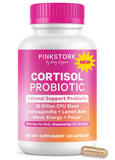 Botella de Pink Stork Cortisol Probiotic para mujeres, promueve equilibrio emocional.