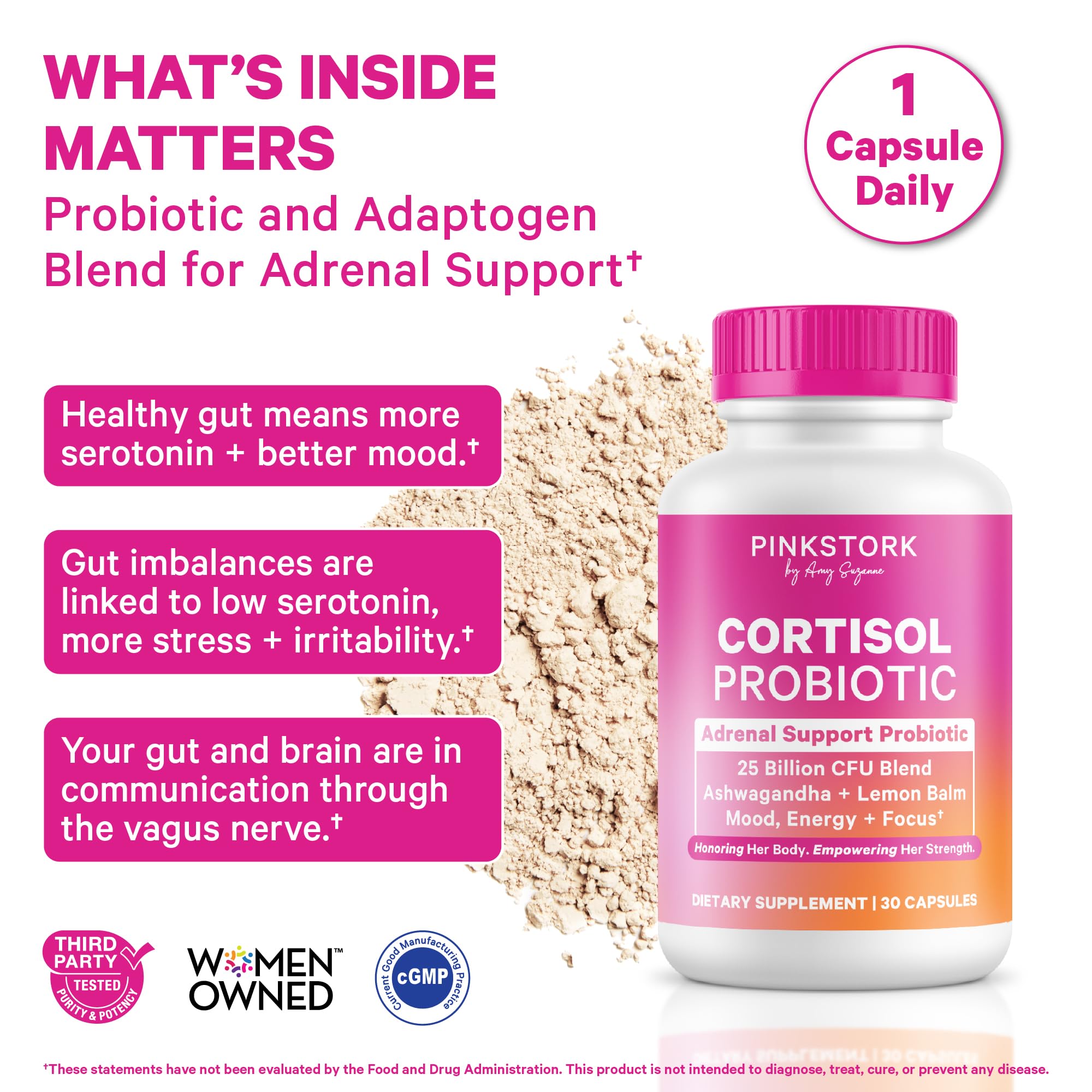 Cápsulas Pink Stork Cortisol Probiotic, fáciles de tomar en la rutina diaria para apoyo sostenido.