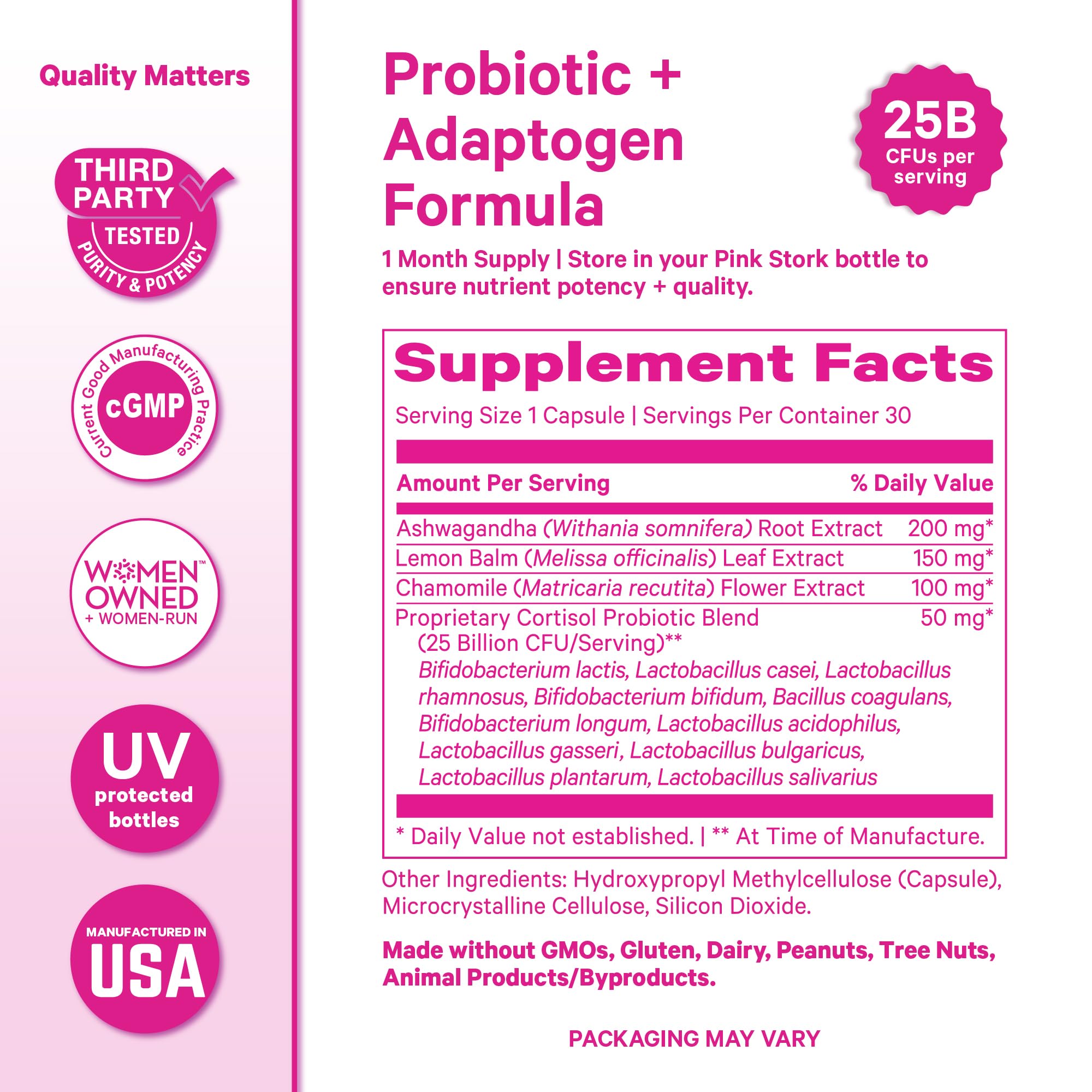 Rutina diaria con Pink Stork Cortisol Probiotic cerca de una taza de té.