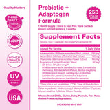 Rutina diaria con Pink Stork Cortisol Probiotic cerca de una taza de té.