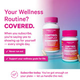 Etiqueta clara muestra beneficios y usos de Pink Stork Cortisol Probiotic.