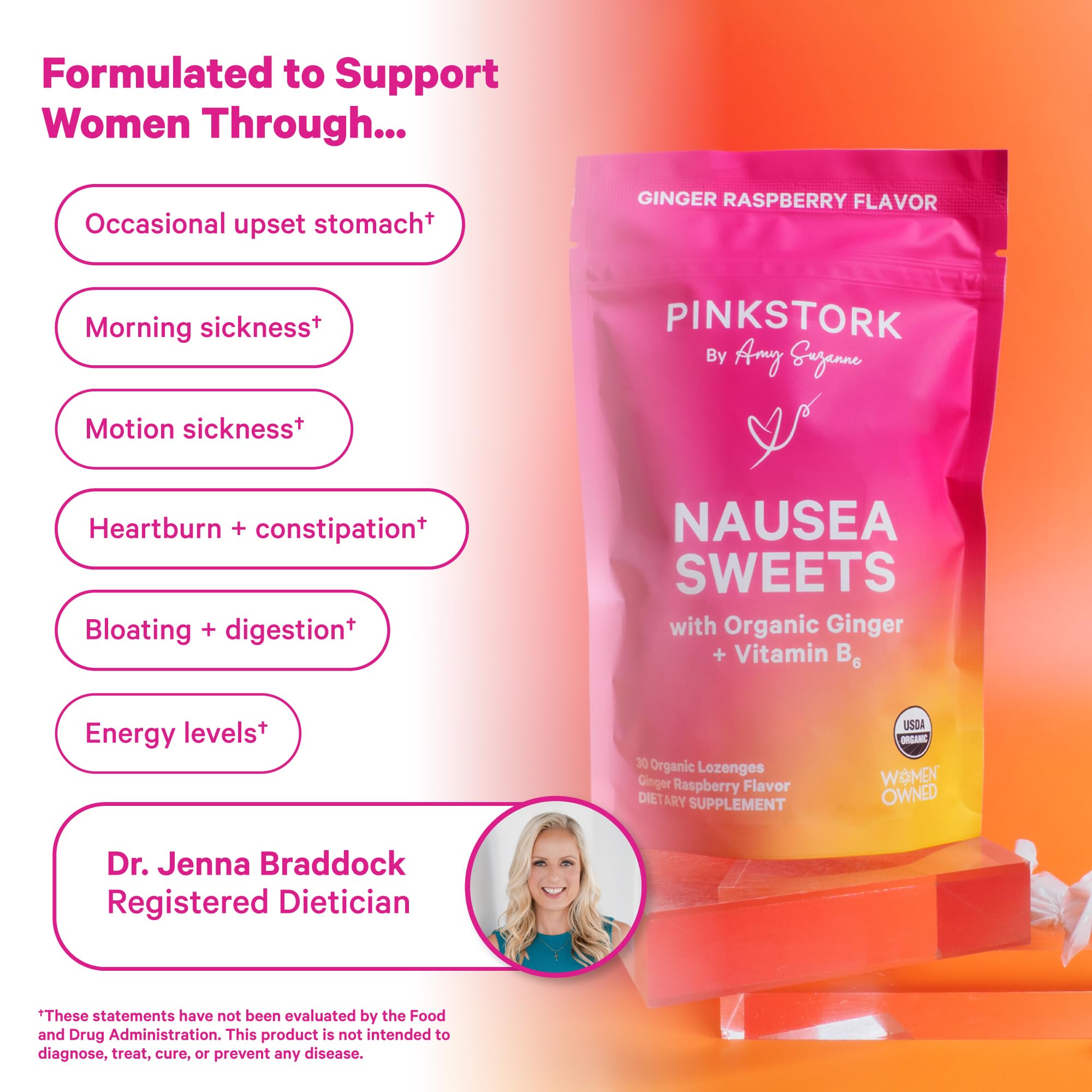 Pink Stork dulces-frambuesa-ginger-dosis-individual: porciones discretas para usar en cualquier lugar