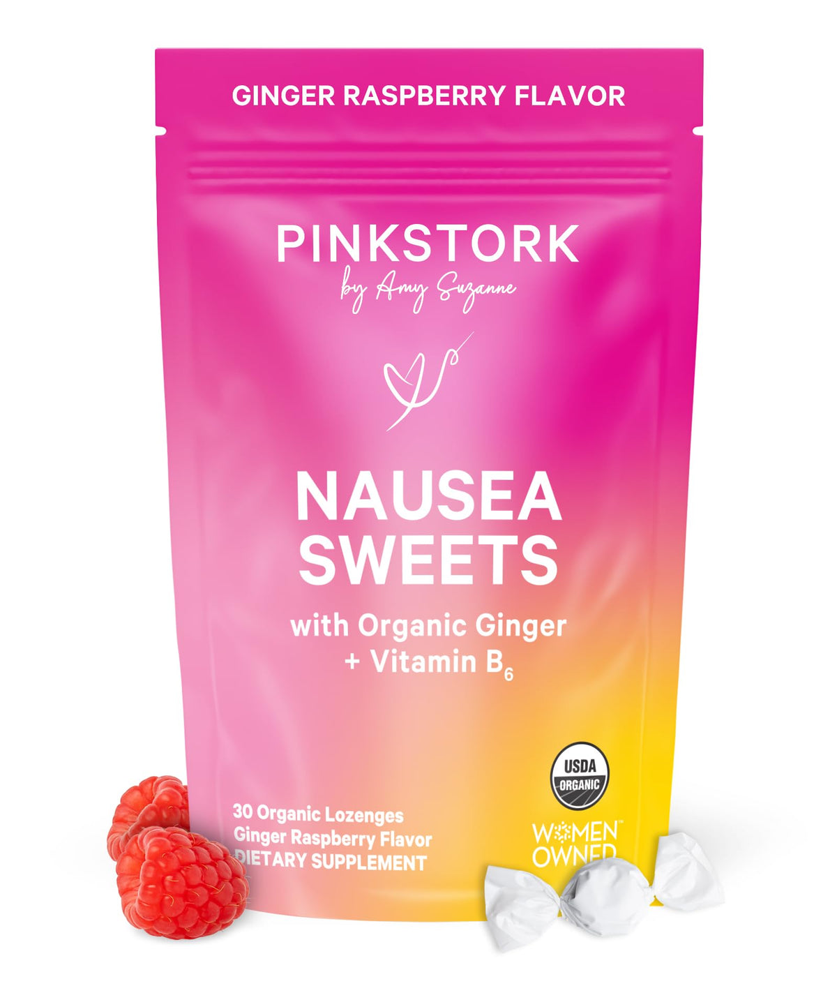 Pink Stork dulces-frambuesa-ginger-envase: conveniente para viaje diario