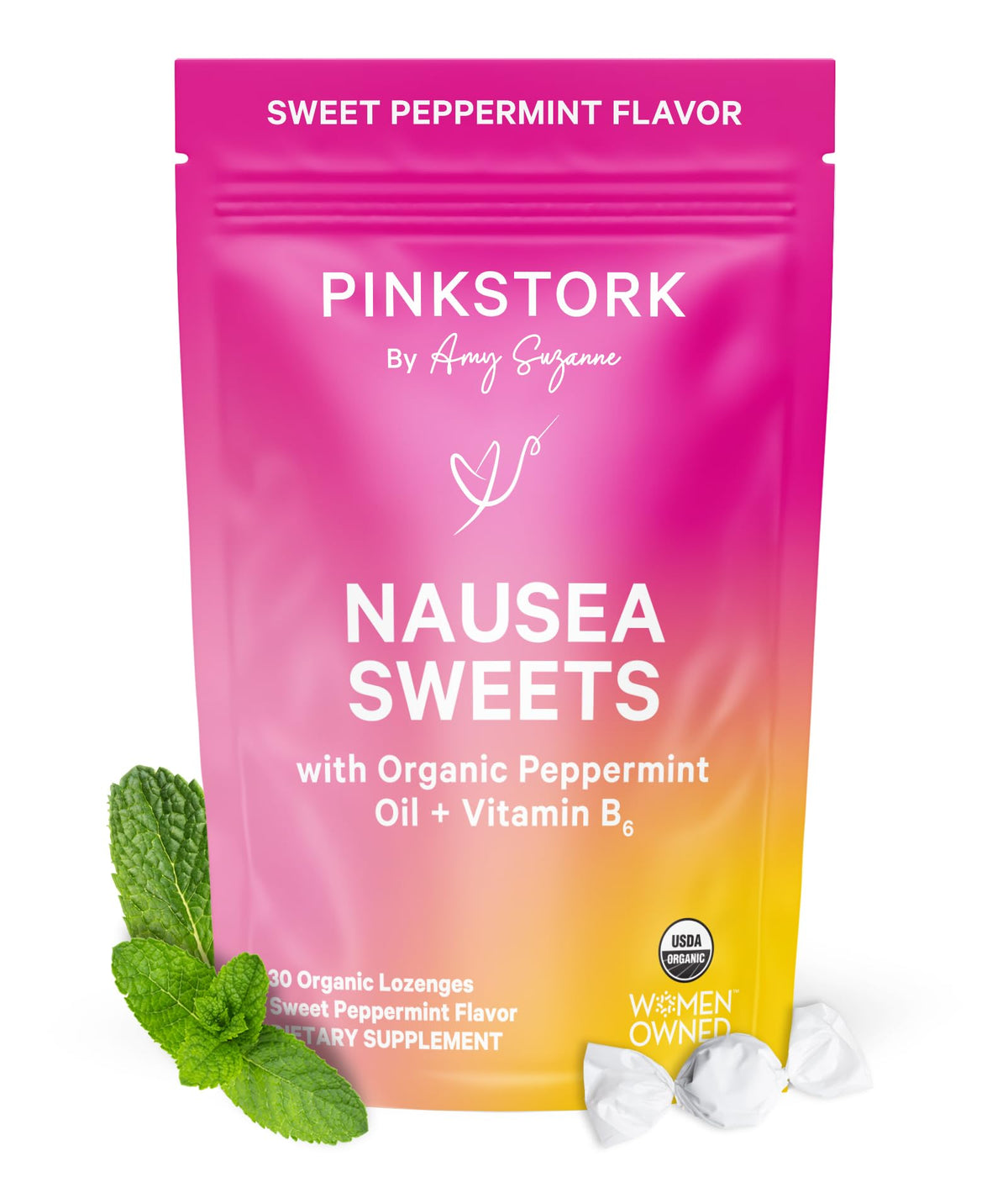 Pink Stork Dulces de Menta, envase compacto para llevar y aliviar malestar estomacal.