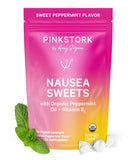 Pink Stork Dulces de Menta, envase compacto para llevar y aliviar malestar estomacal.
