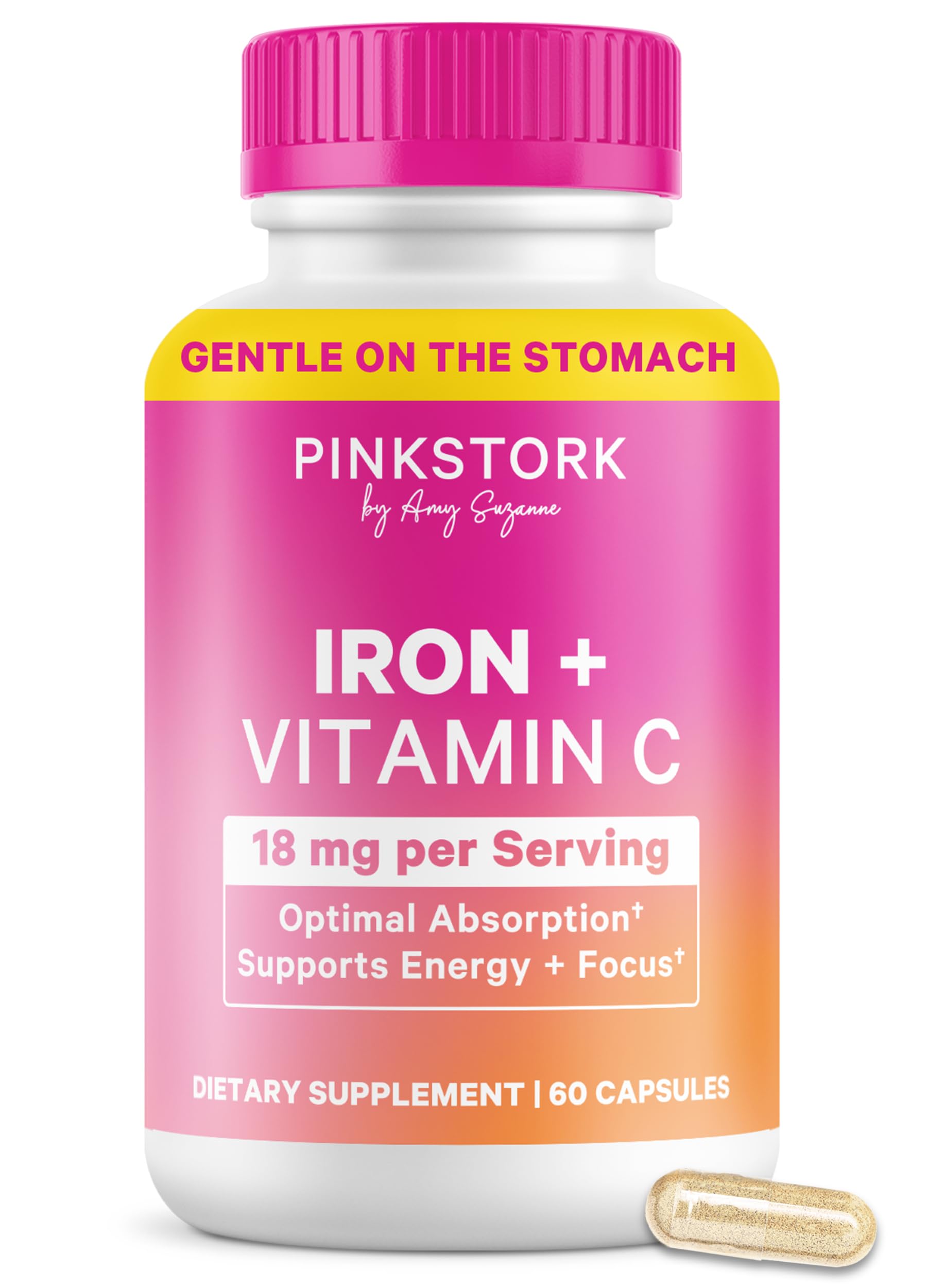 Pink Stork Hierro Bisglicinato: botella de cápsulas para energía diaria.