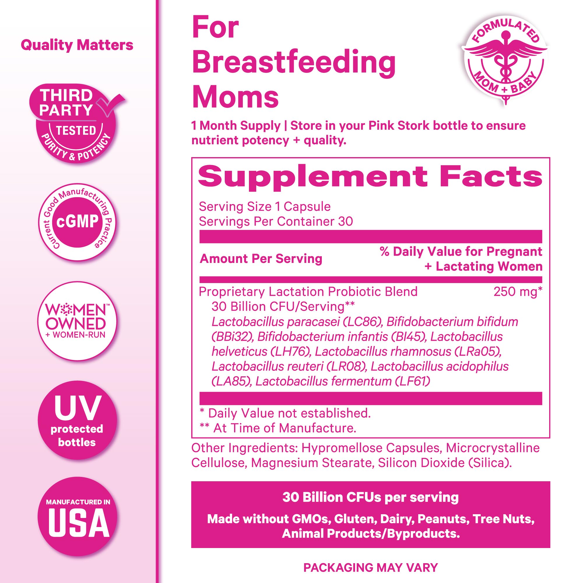 Pink Stork Lactation Probiotic pruebas de terceros, garantía de calidad