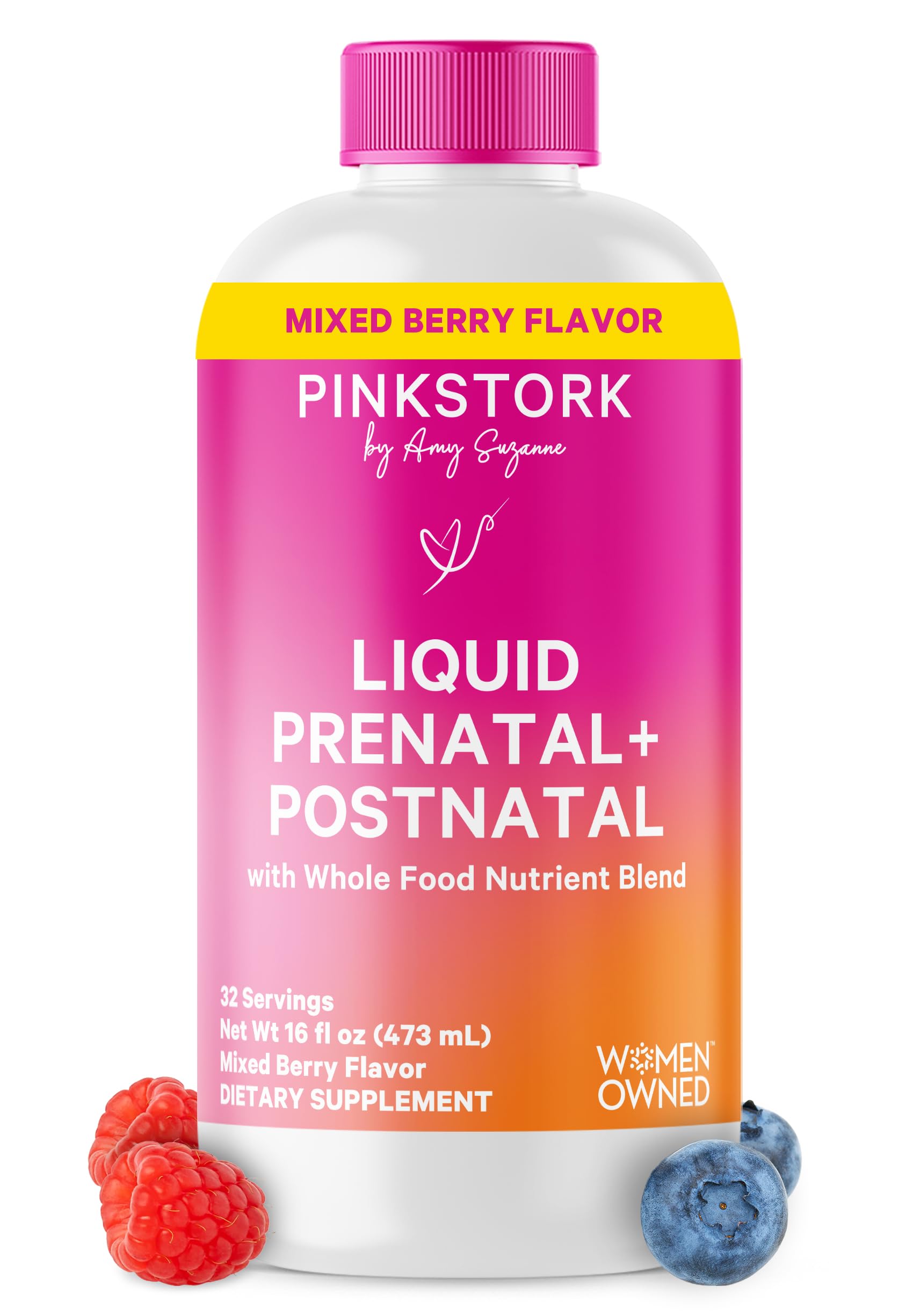 Pink Stork líquido prenatal, botella para verter la dosis diaria.