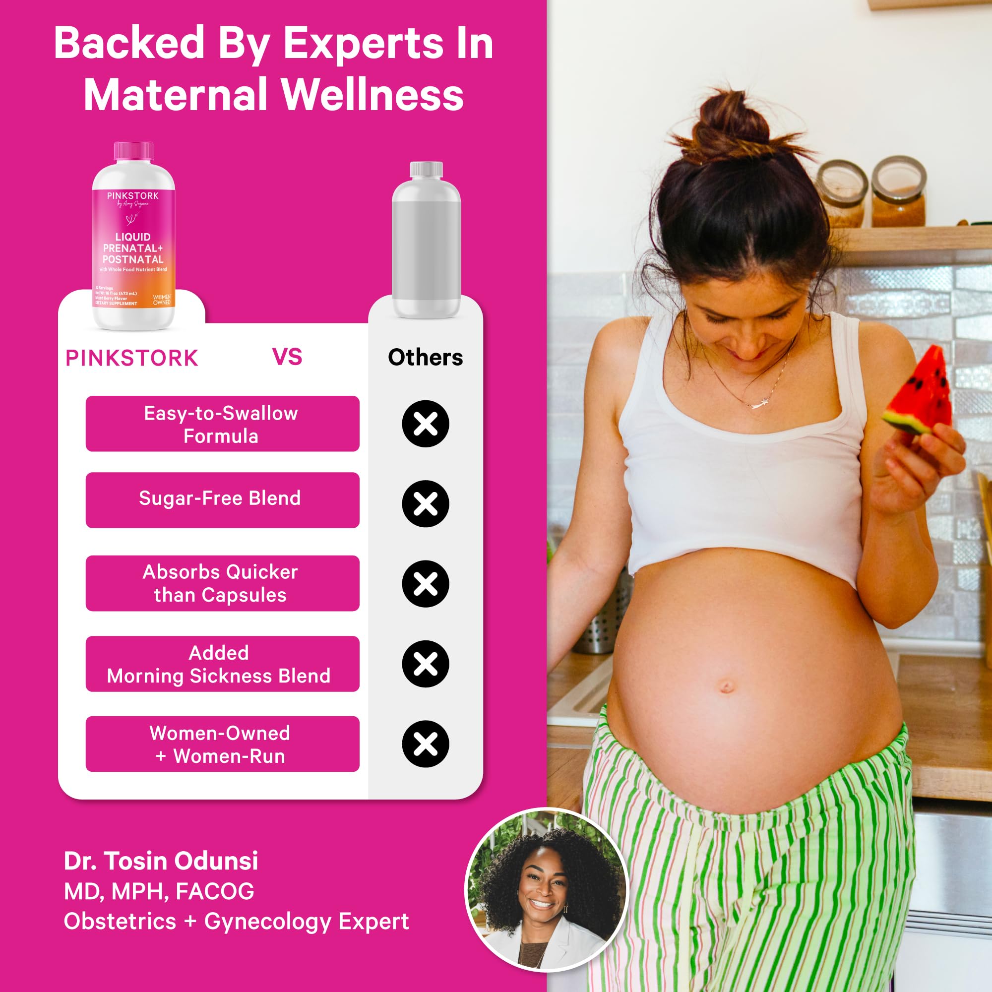 Dosis diaria de Pink Stork líquido prenatal en una cuchara.