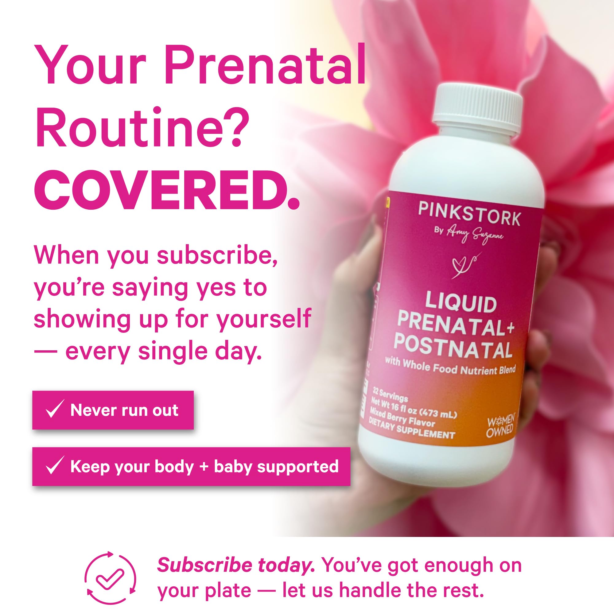 Suministro de 32 días de Pink Stork líquido prenatal por frasco.