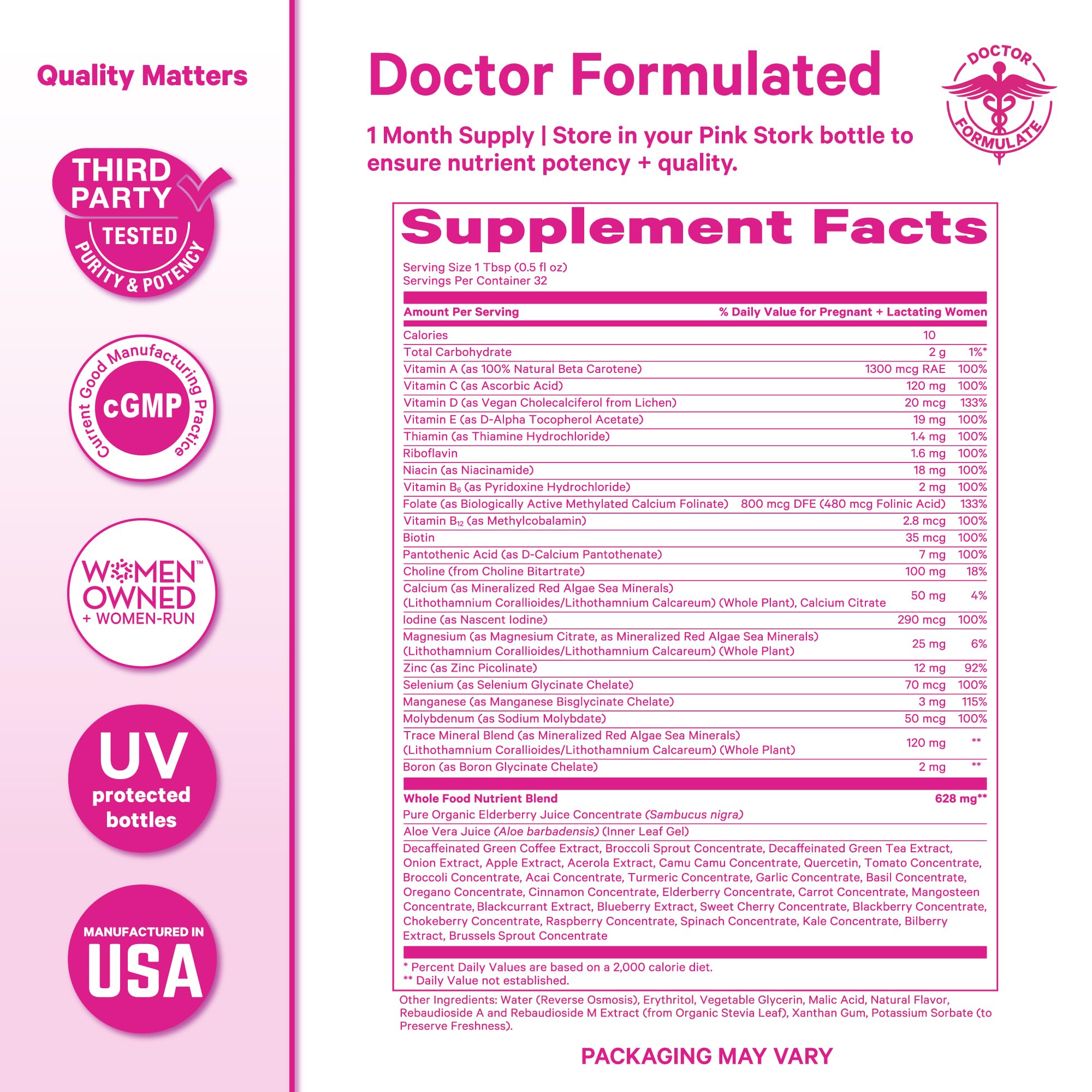 Espinaca como ingrediente natural en Pink Stork líquido prenatal.