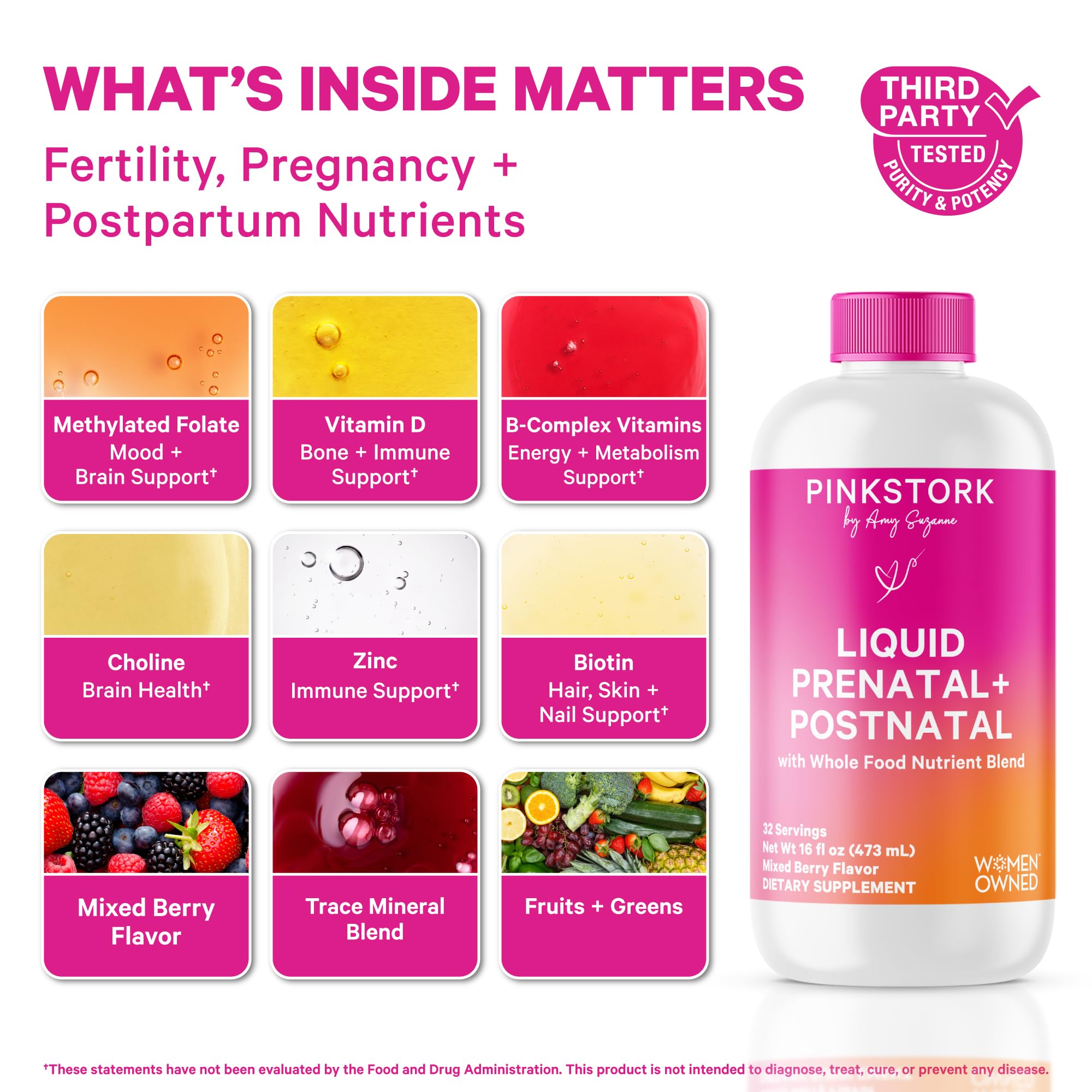Pink Stork líquido prenatal, sabor baya para una experiencia agradable.