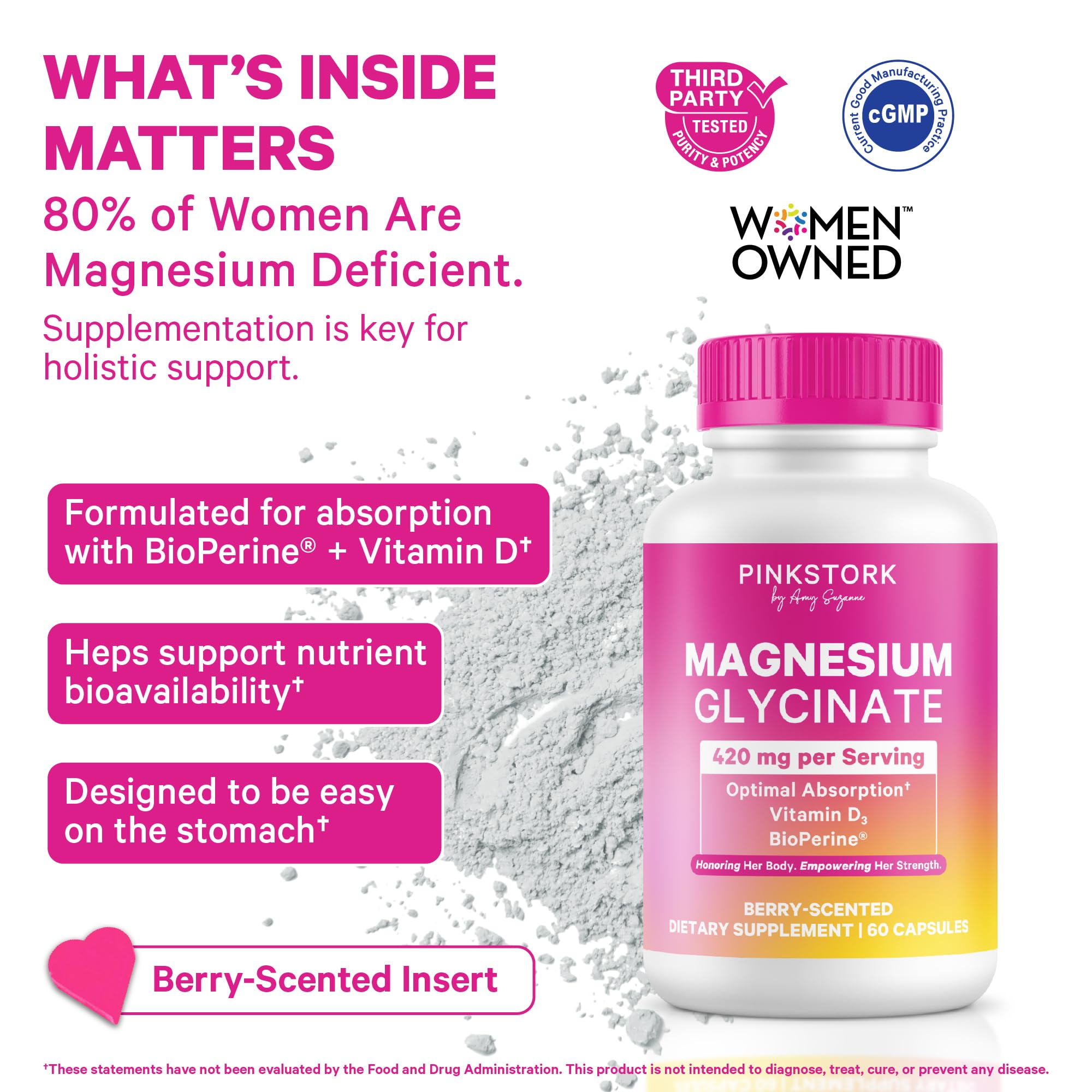 Envase de Pink Stork Magnesio Glycinate con Vitamina D para calma.