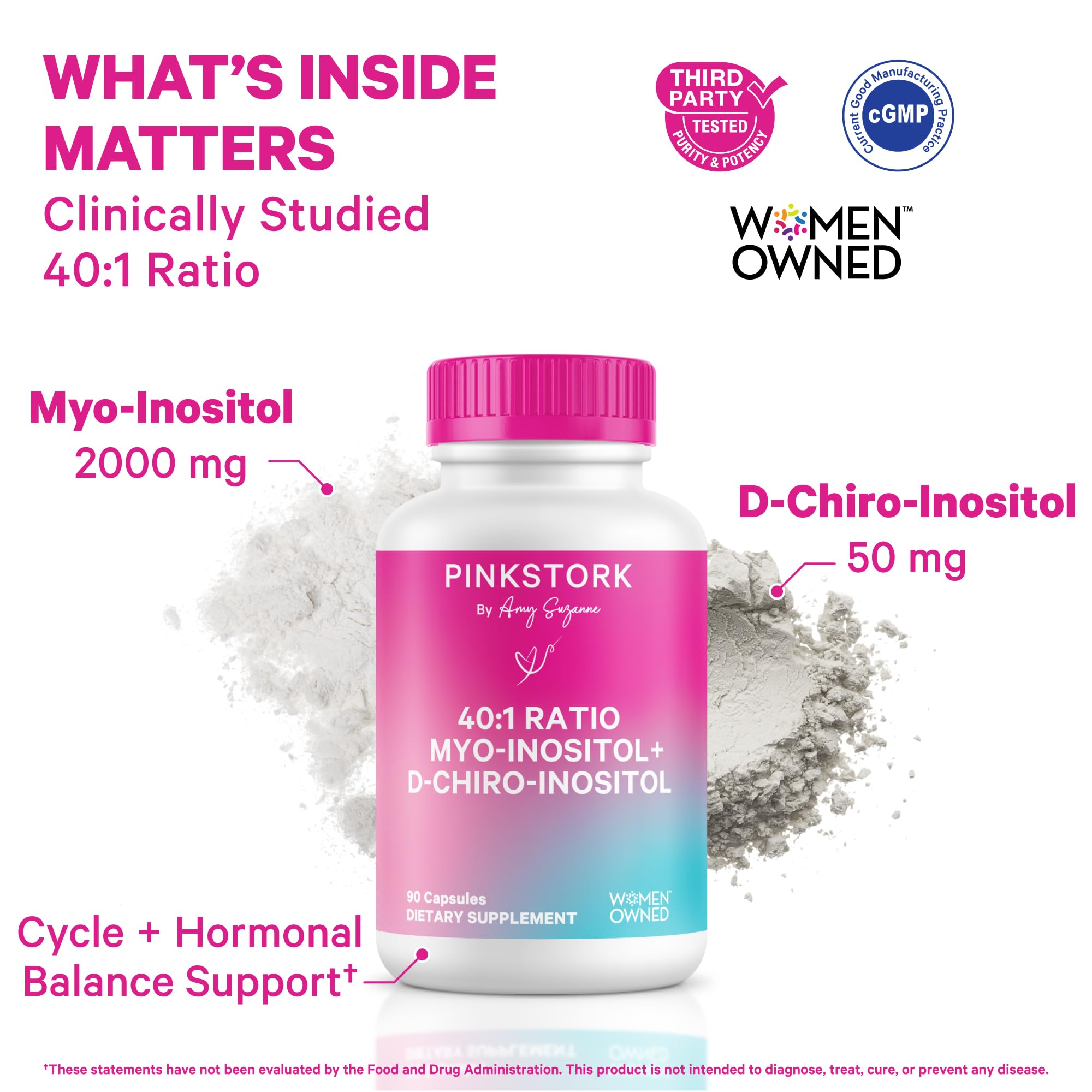 Pink Stork Myo-D-Chiro Inositol, cápsulas, opción cómoda para la toma diaria.