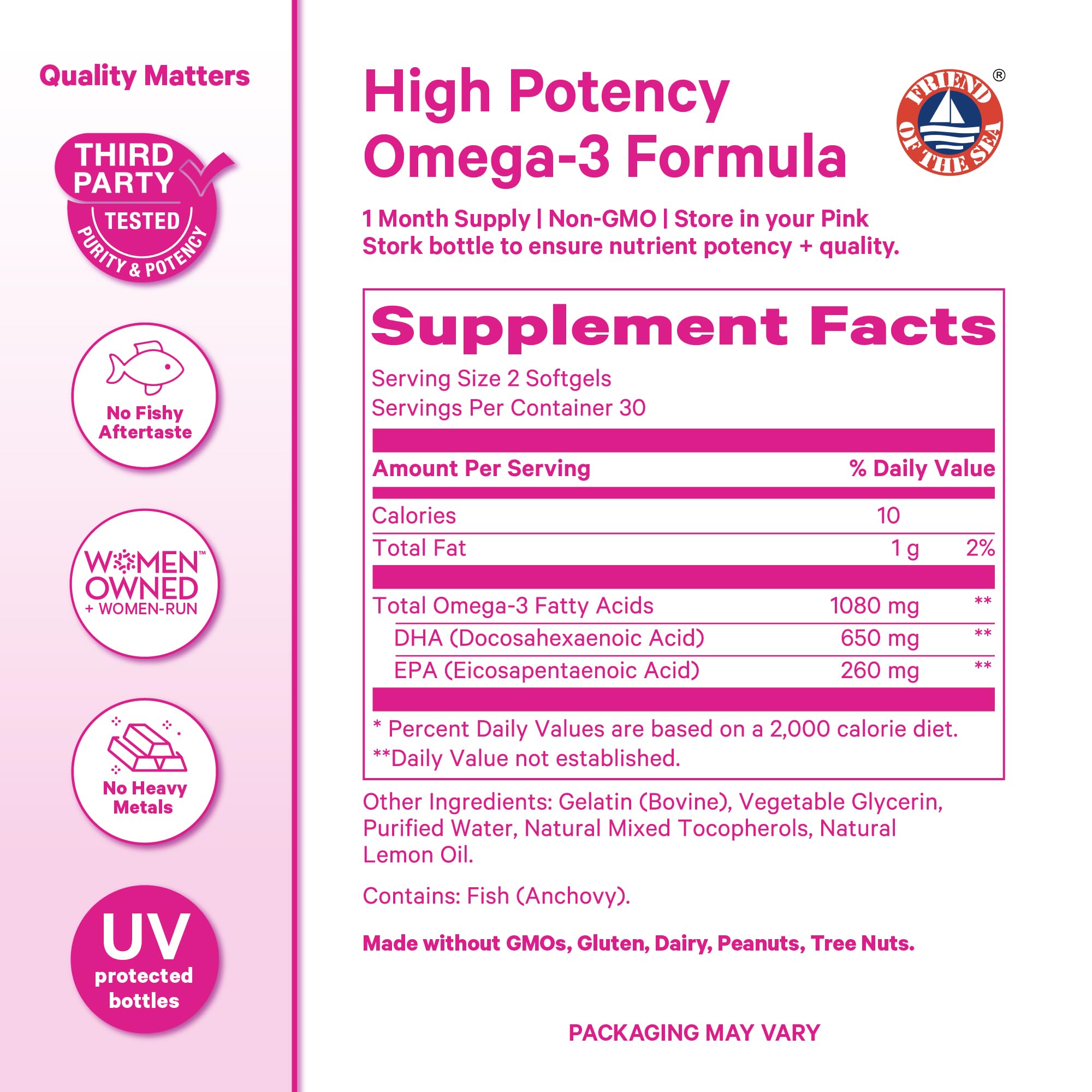 Detalles de DHA y EPA en etiqueta Pink Stork Omega 3