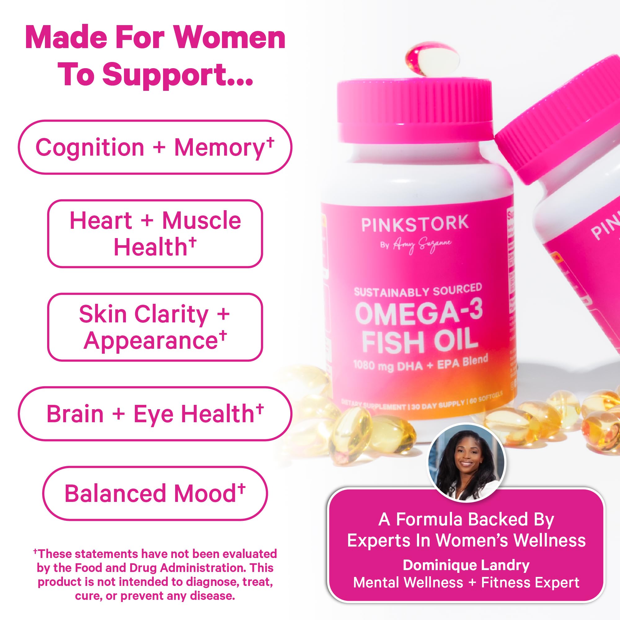 Etiqueta Pink Stork Omega 3 con información clara de DHA y EPA