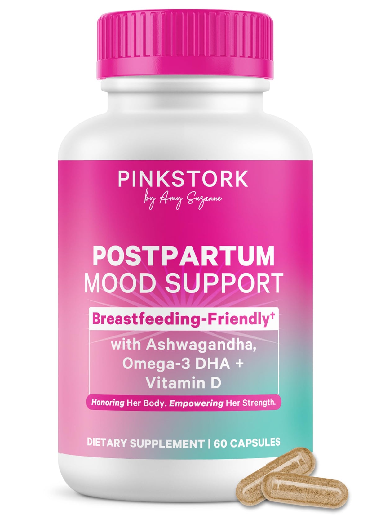Pink Stork Postpartum Mood Support: botella con cápsulas para equilibrio emocional suave posparto.