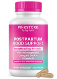 Pink Stork Postpartum Mood Support: botella con cápsulas para equilibrio emocional suave posparto.