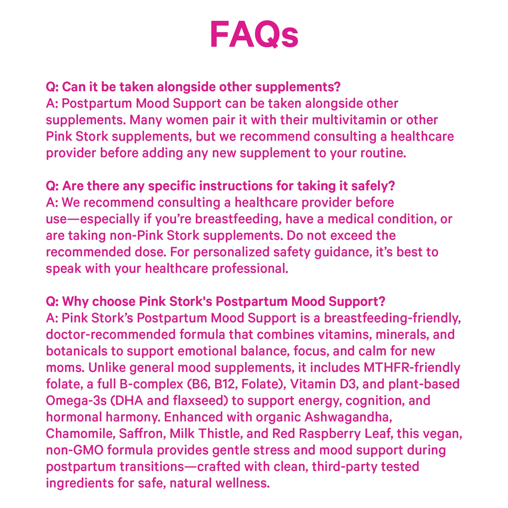 Pink Stork Postpartum Mood Support: fórmula limpia y vegana sin OGM ni gluten.