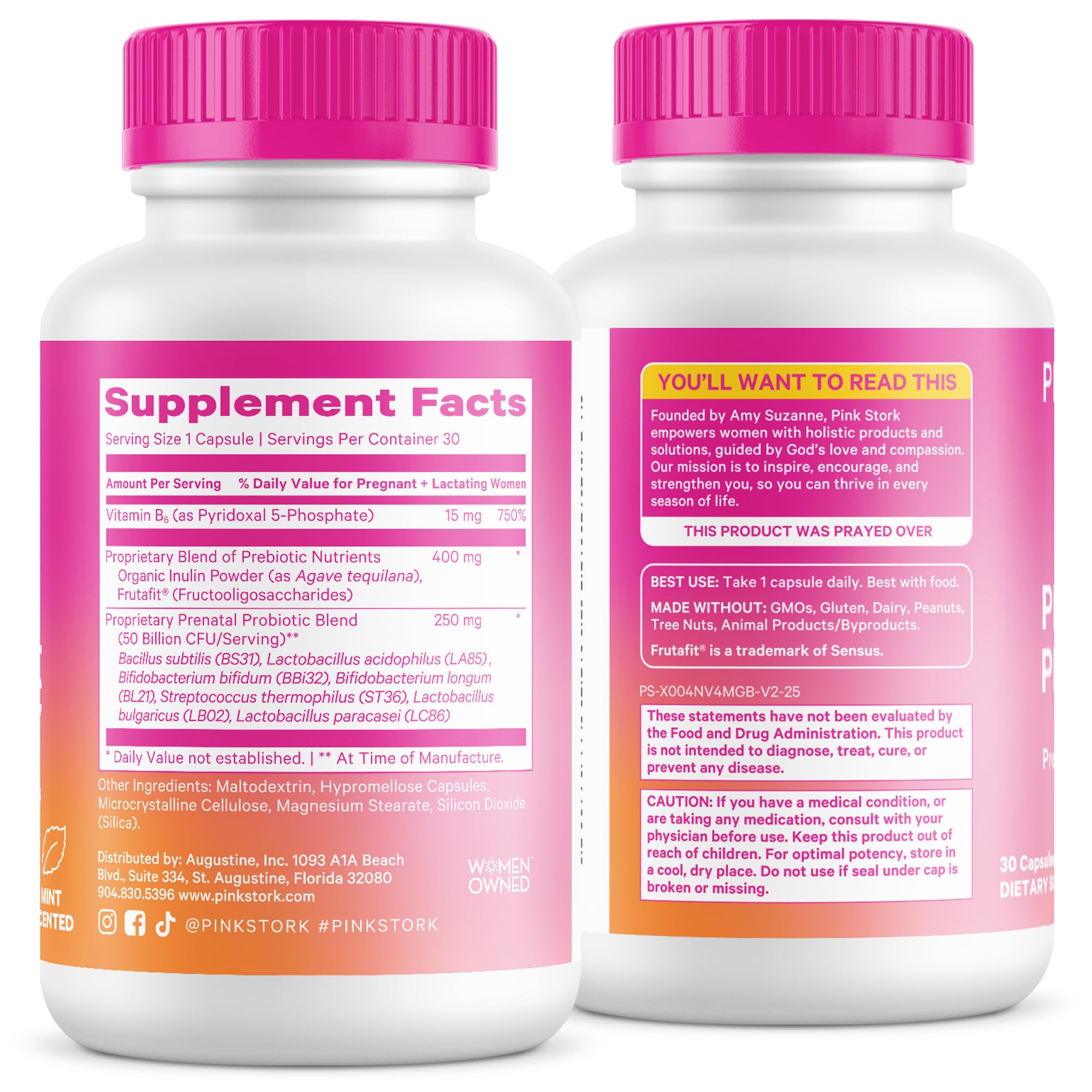Pink Stork Probiotico Prenatal cápsulas listas para mezclar con agua.