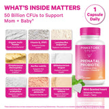Pink Stork Probiótico Prenatal cápsula suave para confort estomacal.