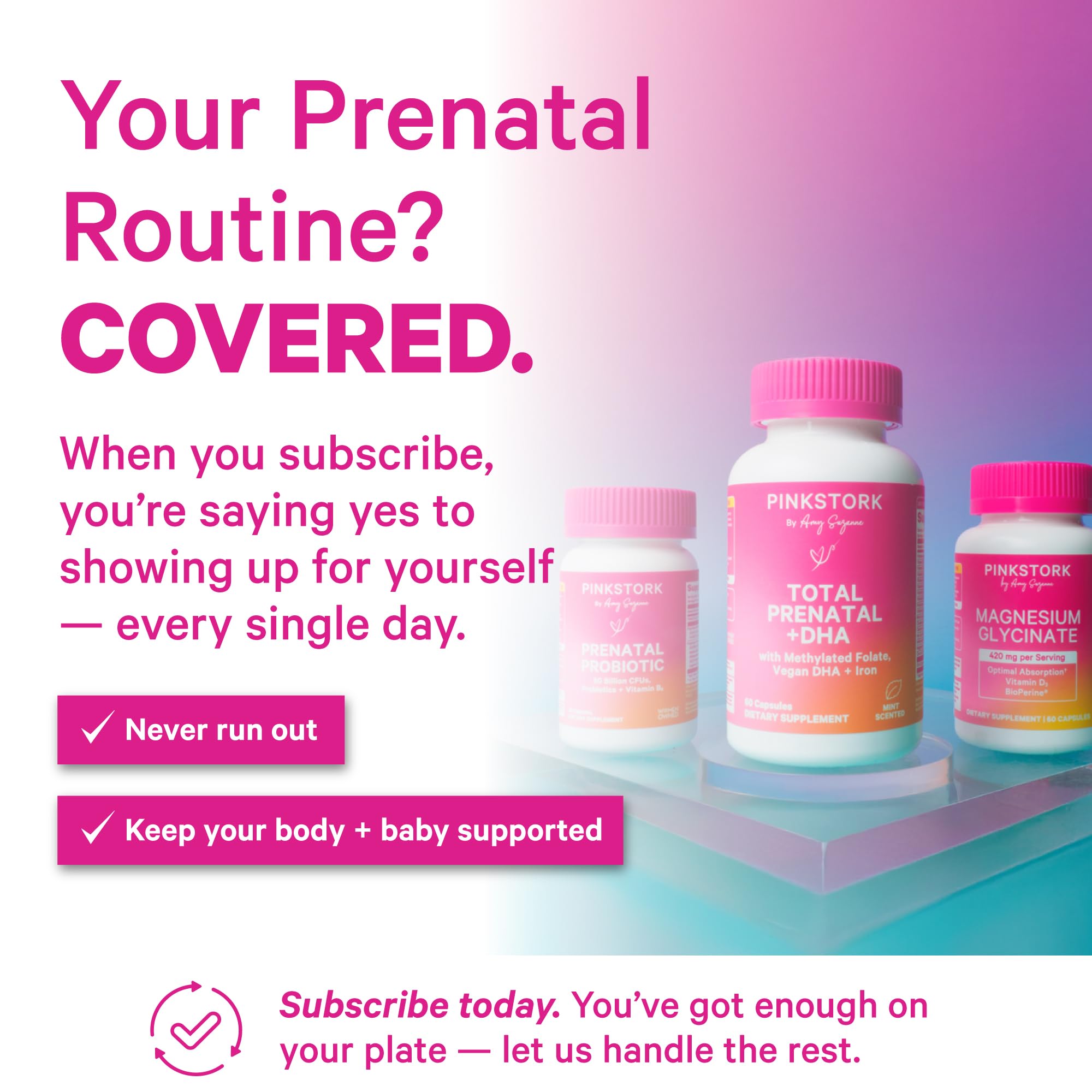 Pink Stork Probiótico Prenatal envase compacto para llevar.