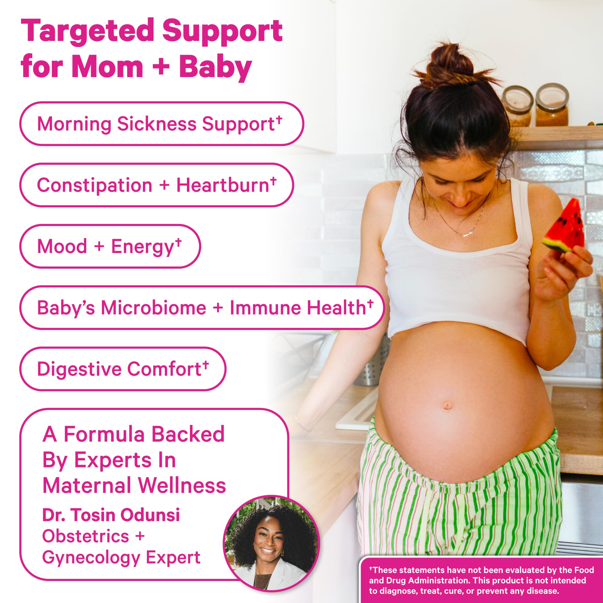 Pink Stork Probiótico Prenatal etiqueta que muestra el envase y beneficios.