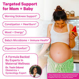 Pink Stork Probiótico Prenatal etiqueta que muestra el envase y beneficios.