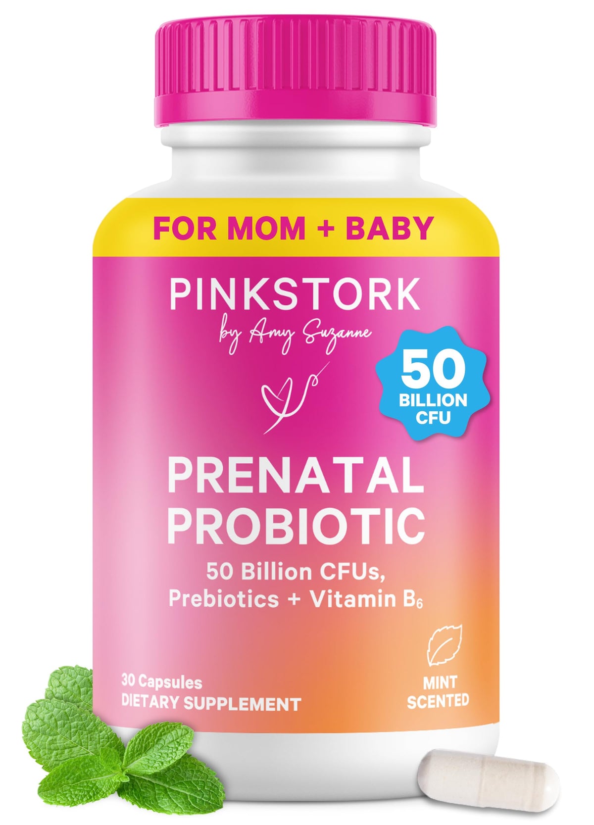 Pink Stork Probiótico Prenatal frasco para uso diario y bienestar digestivo.