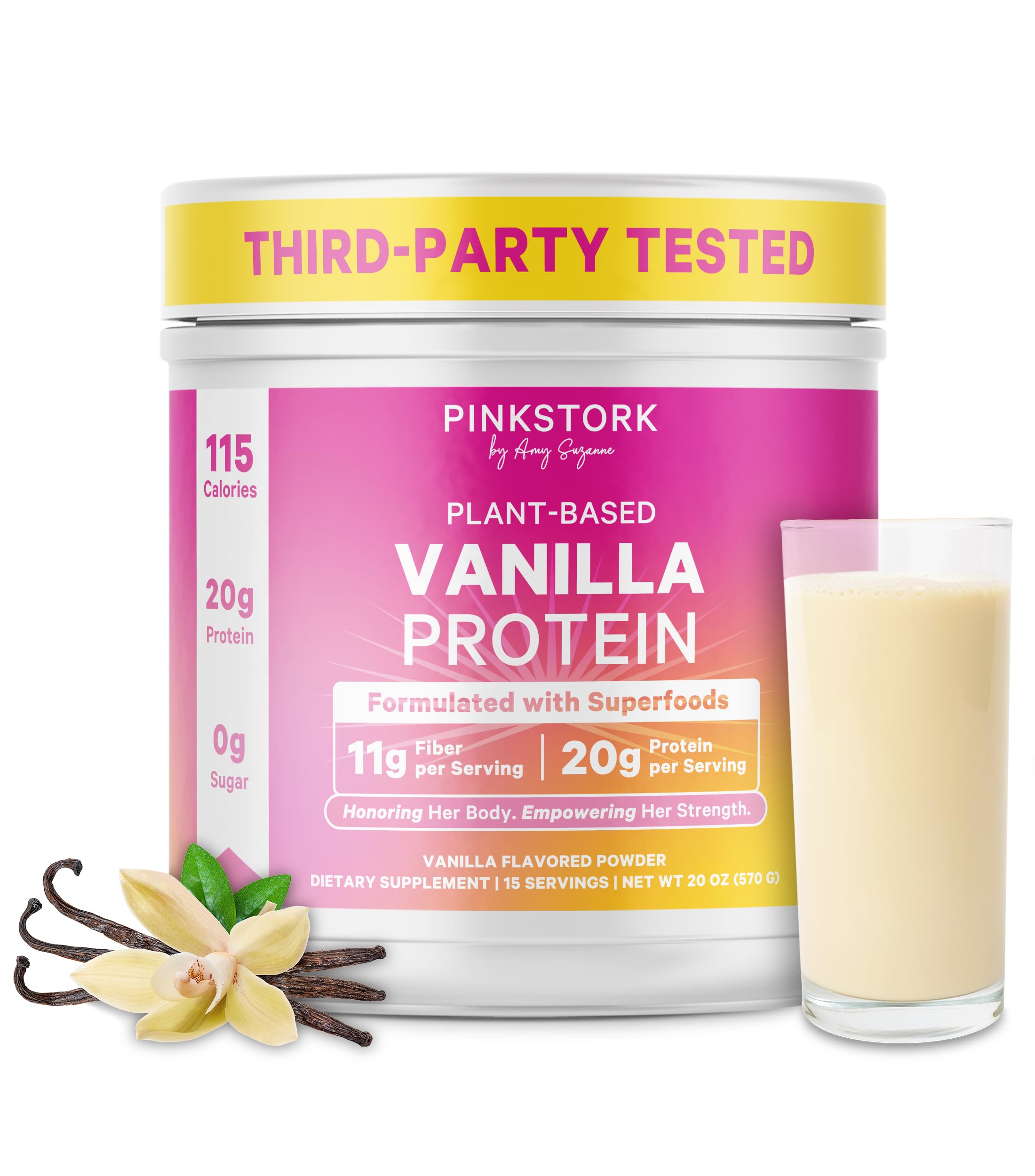 Proteína Pink Stork Vanilla en bote cremoso, ideal para batidos diarios.