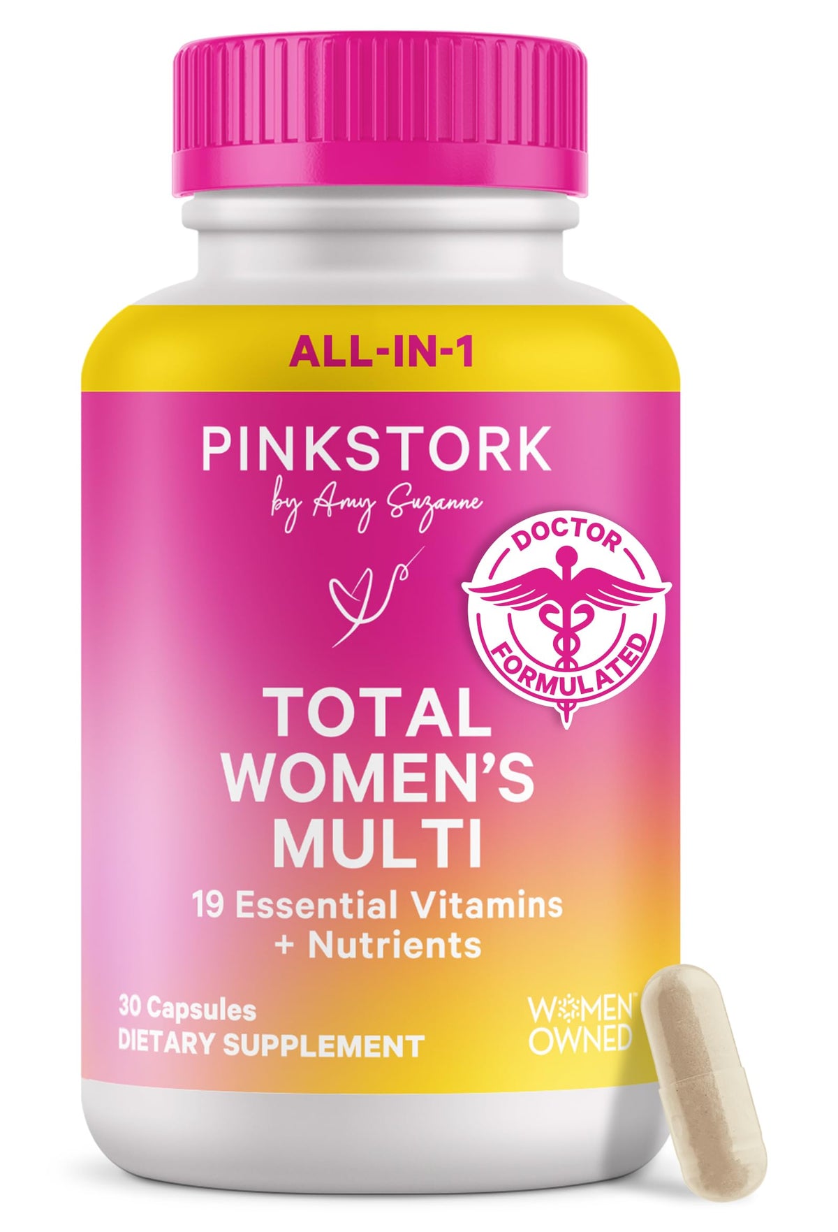 Pink Stork Total Multivitamínico para Mujeres, botella lista para energía diaria.